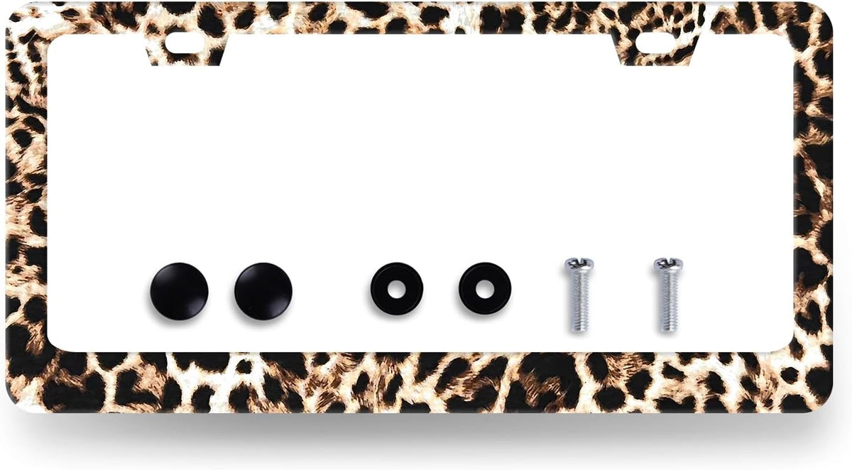 Brown Leopard License Plate Frame Animals License Plate Holder Stainless Steel Colorful Car Accessories Decoration 6.3"X12.3" with 2 Holes Screws