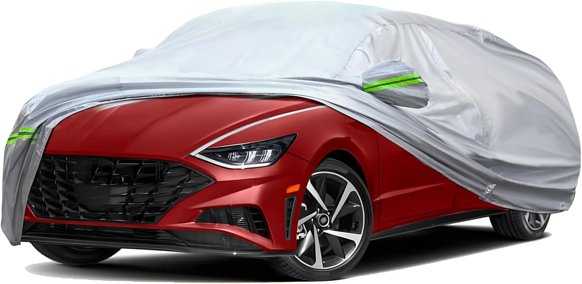 TUCAREST 6-Layers Premium Full Car Cover Hard Shell Zipper Design Waterproof All Weather Weatherproof UV Sun Protection Snow Dust Storm Resistant Outdoor with Straps (Fit for Sedan 165"- 181")