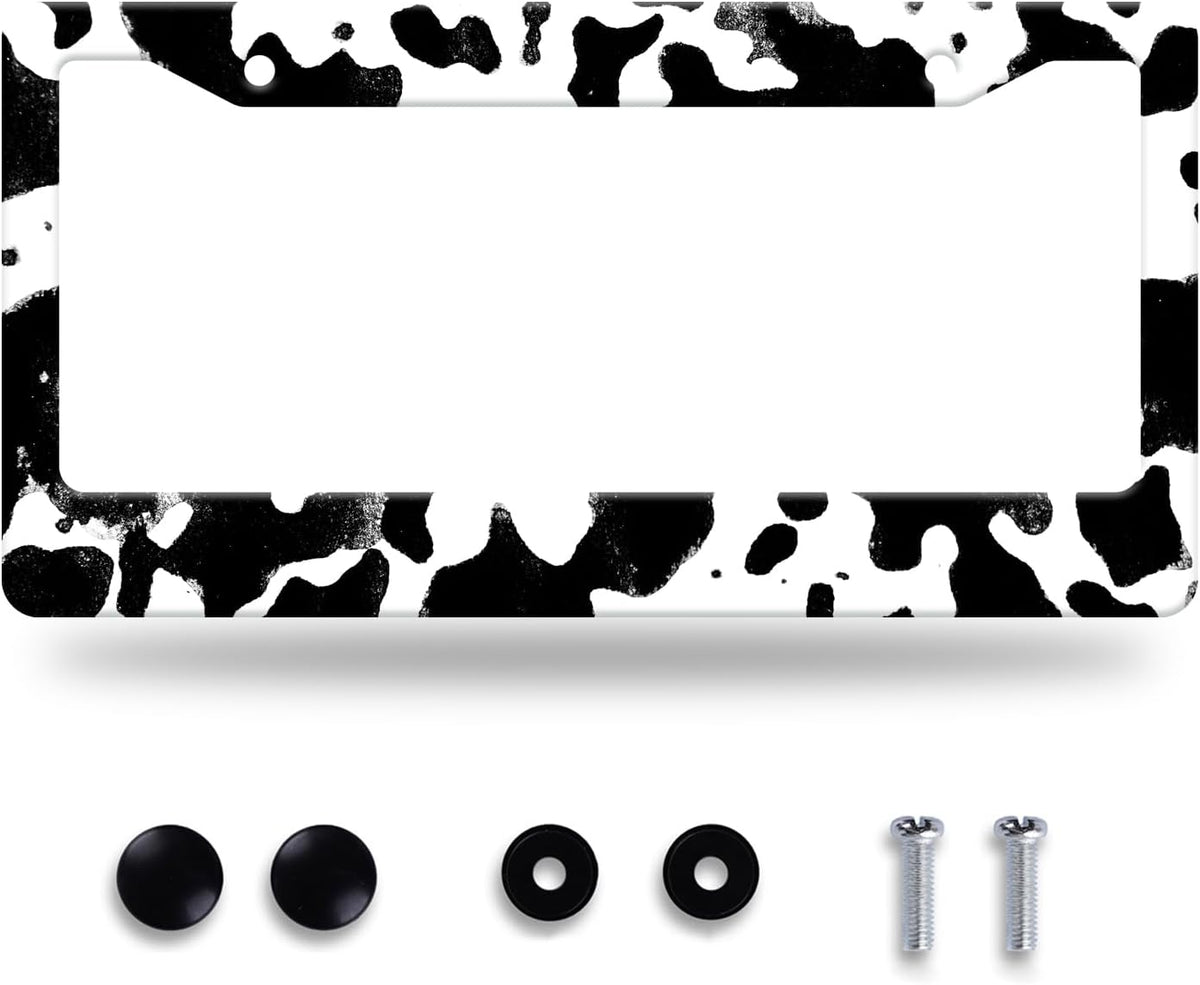 Black White Cows Texture License Plate Frame Animal Cowhide Print License Plate Stainless Steel Funny License Plate Holder Accessories Car Decoration with Screws Fits Standard Vehicles Size12.3 x6.3