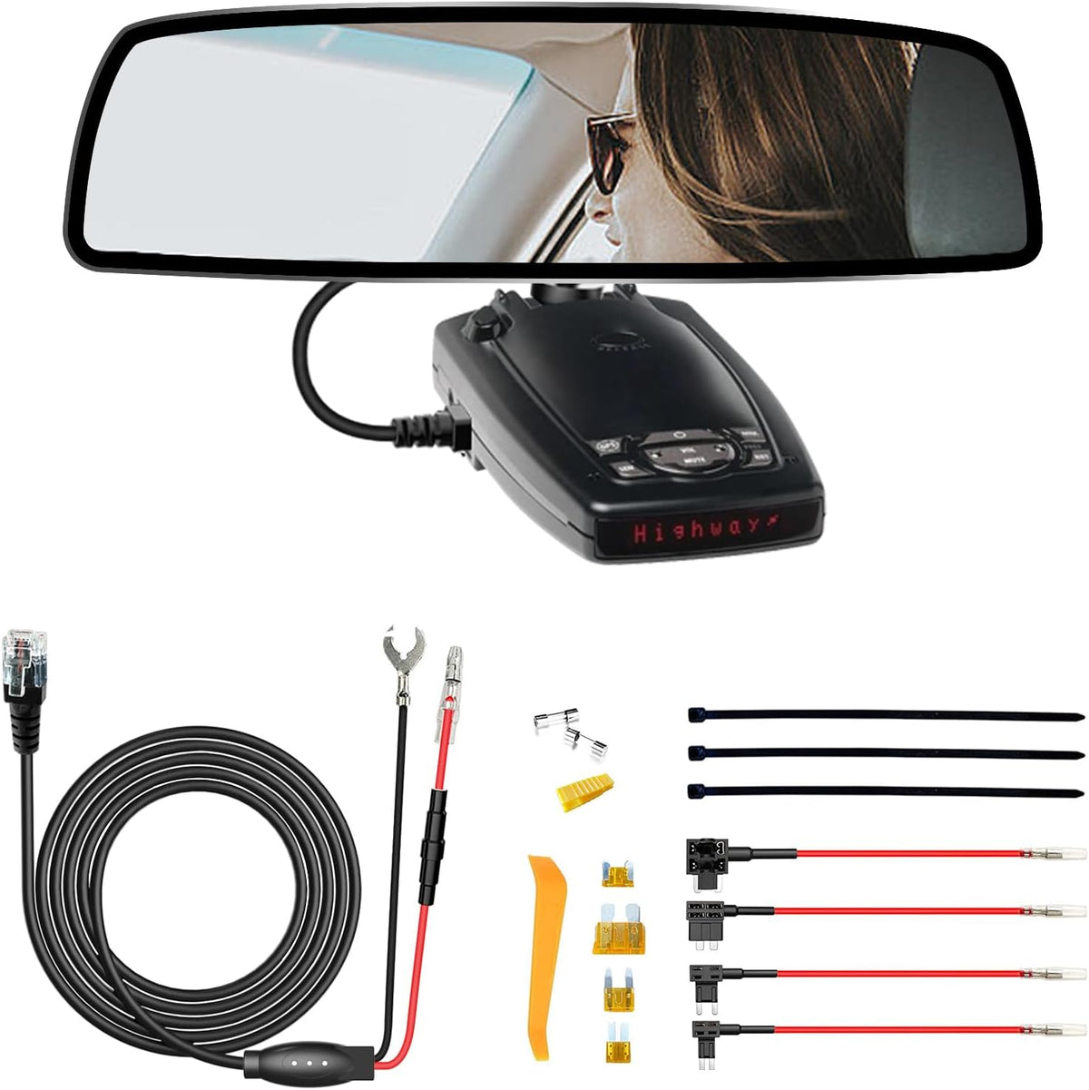 Radar Detector Rearview Mirror Rod Mounting Bracket and Radar Direct Power Cord Hardwired Ki tand Fuse Tap(for Escort Beltronics Vector Rocky Mountain Phantom-T Radar)