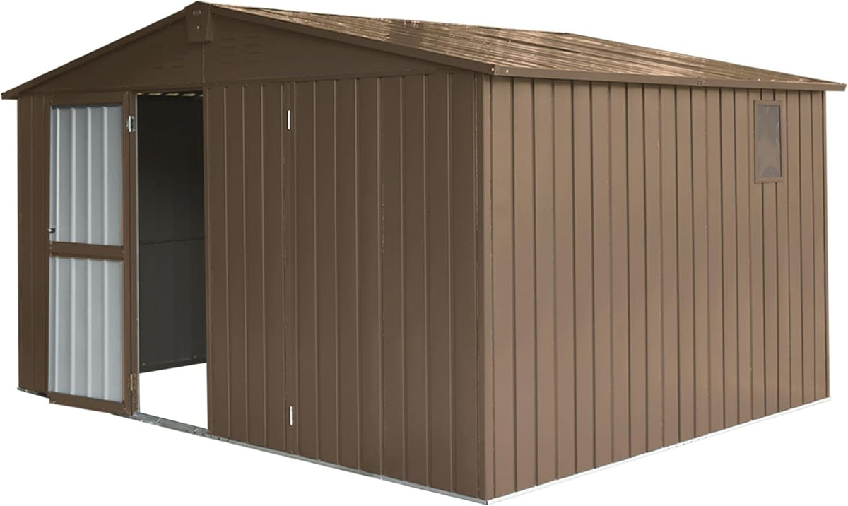 IKERY Large Galvanized Steel Storage Shed 11' x 9' with Windows & Lockable Door - Outdoor Garden & Utility Tool Shed for Backyard, Patio - Brown