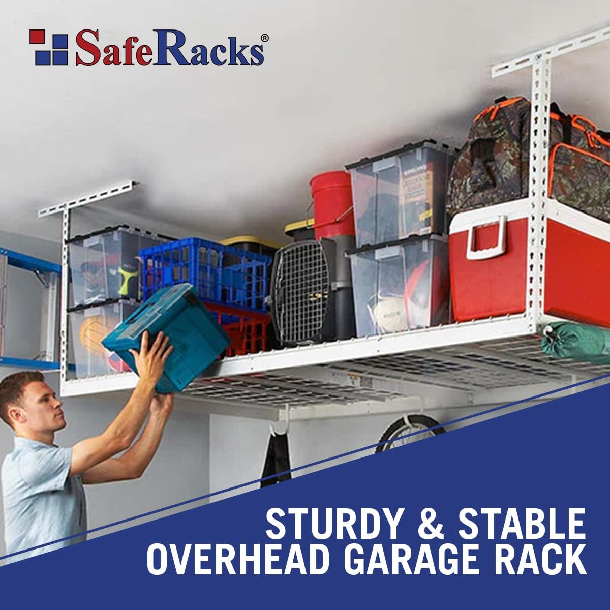 SafeRacks Overhead Garage Storage Rack, Heavy Duty Racks for Garage w/ 600 lb Capacity, Easy Garage Storage Adjustable Storage Rack Ceiling Mount Storage for Garage 4x8 White, 24"-45" (2 Pack)