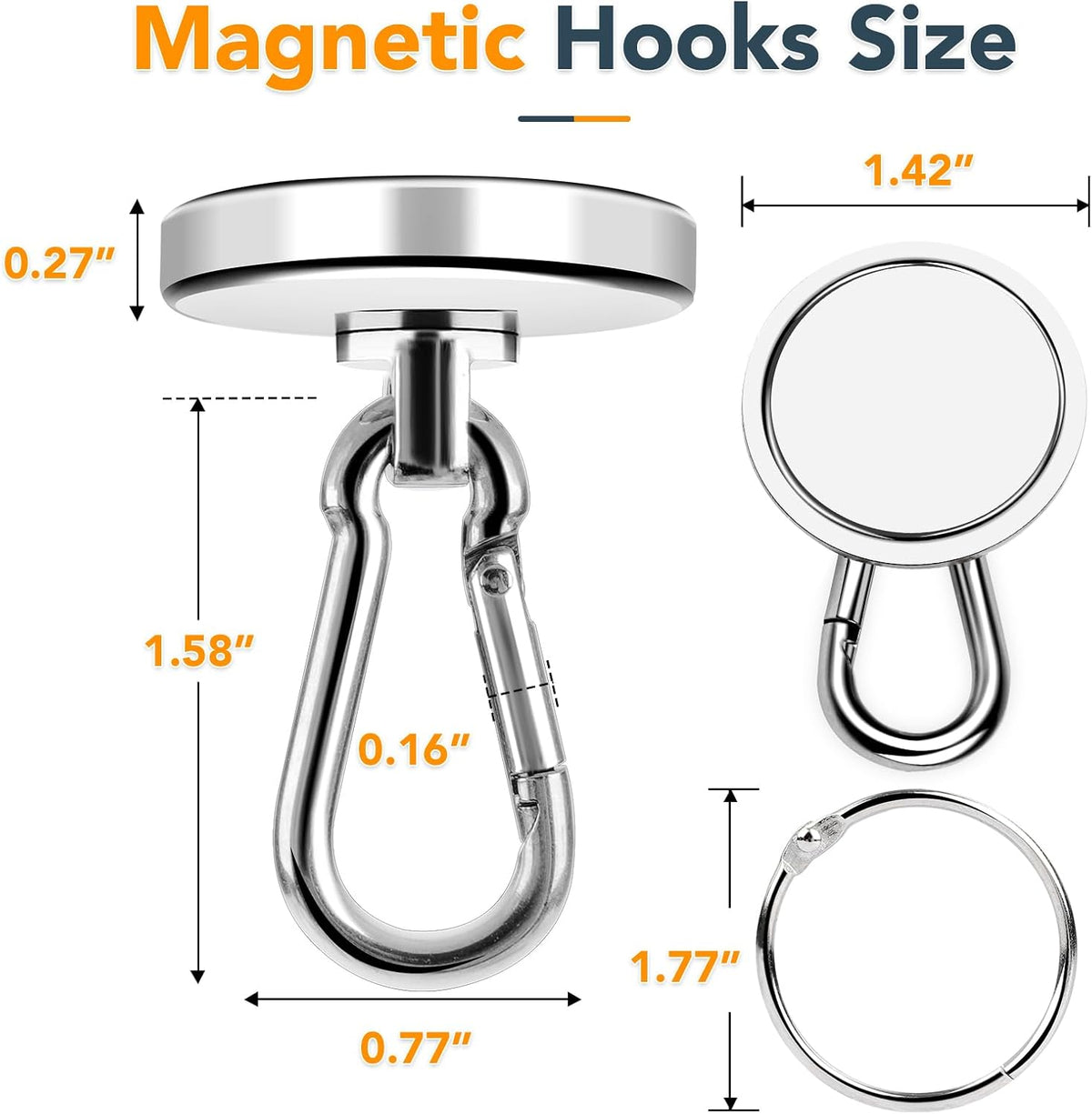 MIKEDE Strong Magnetic Hooks, 150LB Neodymium Heavy Duty Magnets with Swivel Carabiner Hook, Magnetic Hangers for Locker, Kitchen, Cruise Cabin, Office - 10 Pack