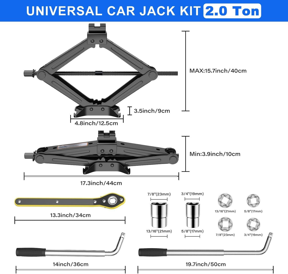 Scissor Jack - 2 Ton (4409 lbs) Car Emergency Kit with Lug Wrench, Tire Changing Kit for Sedan, Coupe, SUV, MPV