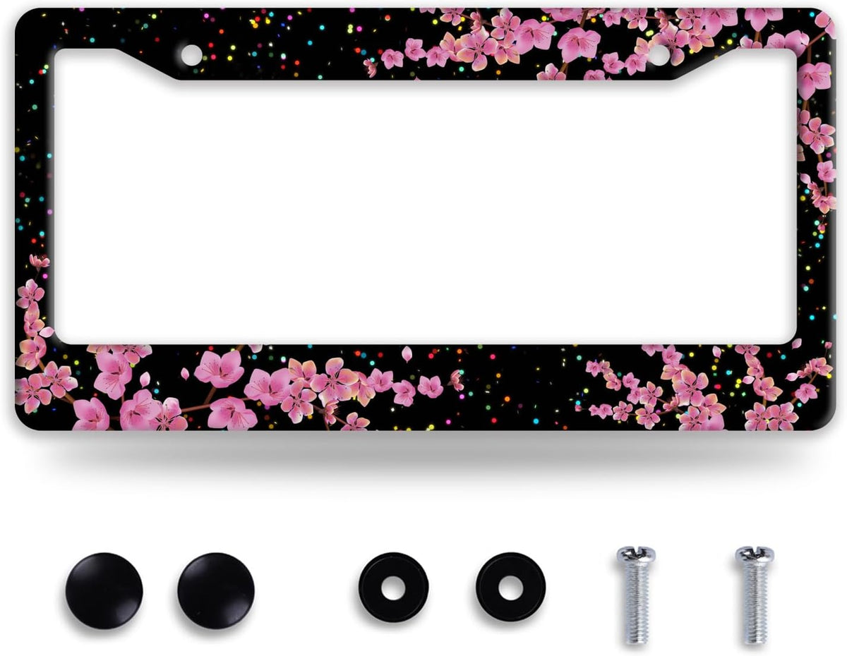 Cherry Blossom License Plate Frame Beautiful Flowers License Plate Frames Stainless Steel Accessories Cars Decor With 2 Holes And Screws Fits Standard Us Ca Vehicles License Plate Holder 12.2 X 6 Inch