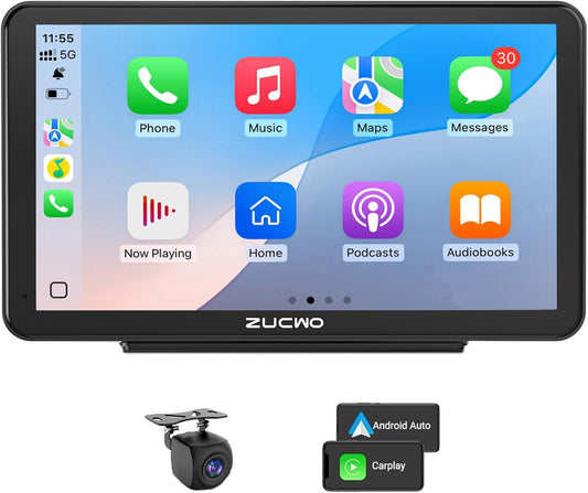 7 Inch Wireless CarPlay Screen for Car, Portable Car Stereo Touch Screen for Apple CarPlay & Android Auto with Backup Camera, Voice Control, BT Music, Navigation, Siri, AUX (Black)