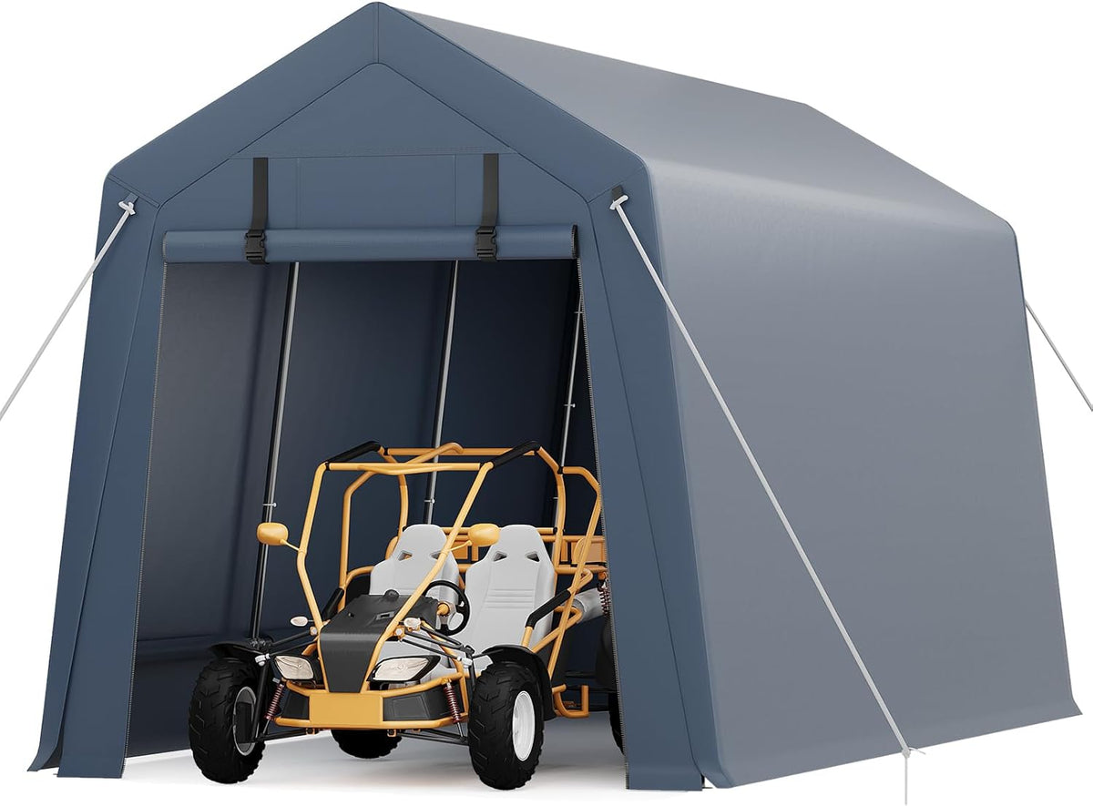 7x15FT Outdoor Storage Shed, Portable Carport with Roll-up Ventilated Zipper Door and Windows, Heavy Duty Waterproof Tarp, Storage Sheds for Motorcycle, Bike, Firewood, Garden Tools