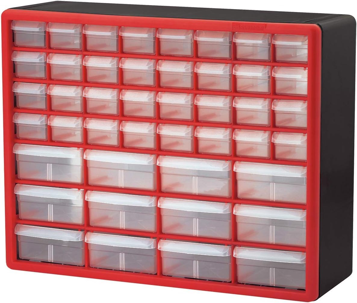 Akro-Mils 44-Drawer Plastic Drawer Storage Cabinet for Garage Organization, Bead Organizer, Building Bricks Storage, Teacher Toolbox, Makeup Organizer, 20-Inch W x 6-Inch D x 16-Inch H, 10144 Red
