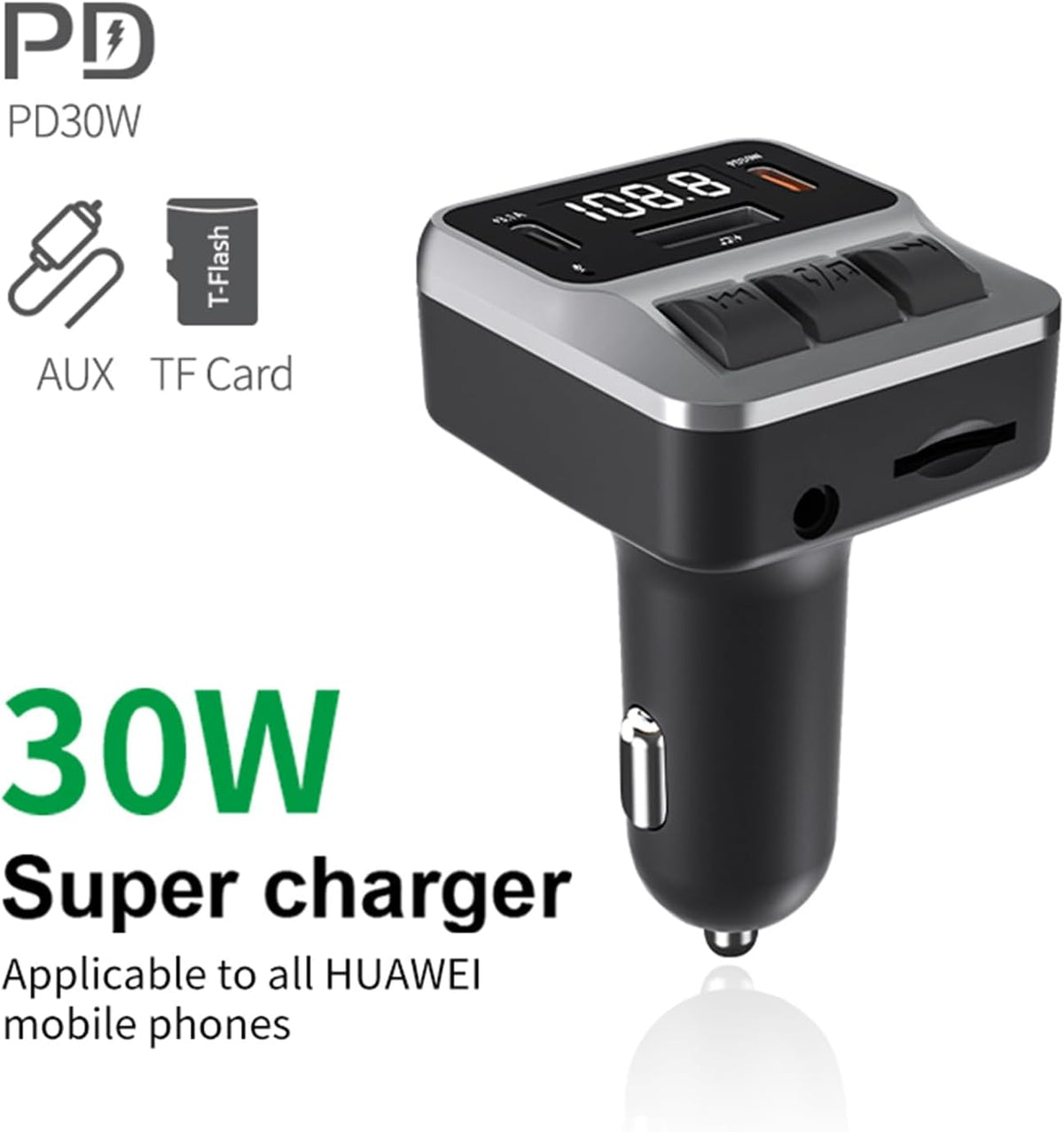Car Bluetooth 5.3 FM Transmitter，with Dual PD 30W Type-C Car Fast Charging and Support USB Port Bluetooth Adapter, Hands-Free Calling，Support AUX, TF Card，U Disk(C65)