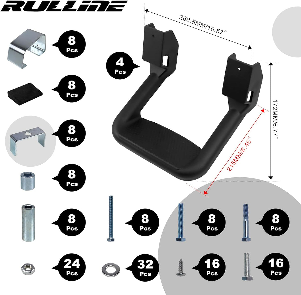 RULLINE Black Powder Coated Truck Side Step Set - 4 Pieces (1 Pair) with Mounting Brackets - Compatible with Chevy (Chevrolet), Ford, Toyota, GMC, Dodge RAM, and Jeep Trucks