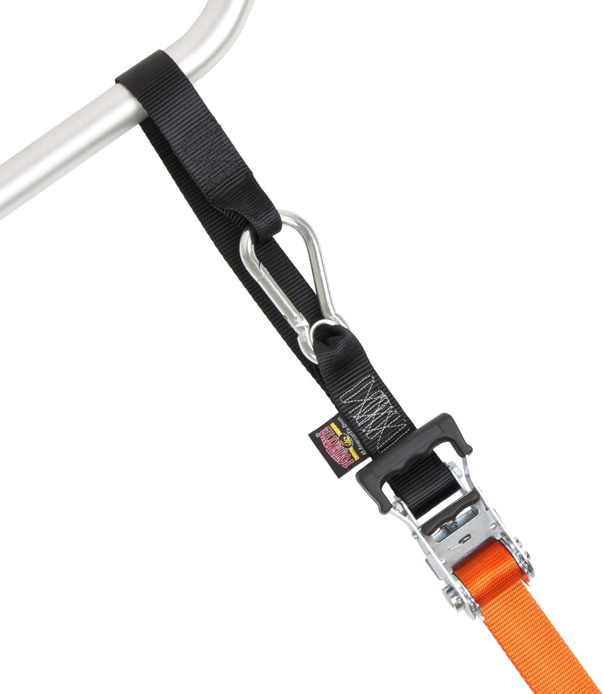 PowerTye - Made in USA - Extra Long Ratchet Tie Down Straps, Heavy Duty with Carabiner Hooks, Soft-Tye & Bag, for Motorcycle, ATV & Cargo, 1,000 lb WLL, 1.5 inch x 10ft Long, Orange/Black (Pair)