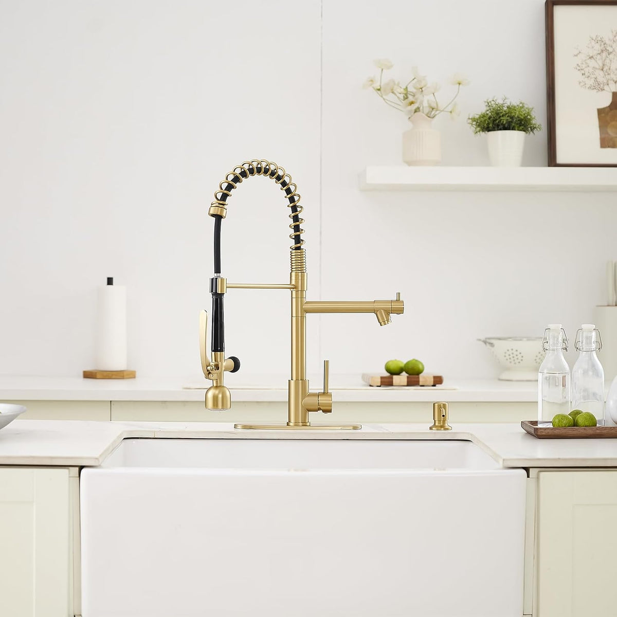 Fapully Commercial Kitchen Faucets with Pull Down Sprayer Brushed Gold LED Single Handle Faucet for Kitchen Sink, Kitchen Faucet with Soap Dispenser and Deck Plack for 4 Hole