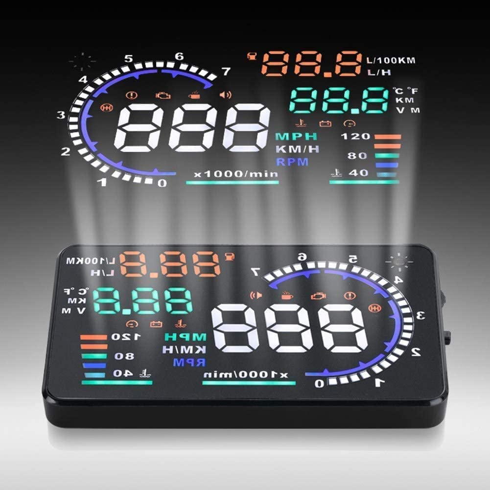 KAOLALI A8 HUD Display 5.5" Dash Screen Projector OBD2 Auto Gauge RPM MPH Speedometer Overspeed Warning Fuel Consumption Temperature Speed Heads Up Windshield Display Multiple-Color Bright for Cars