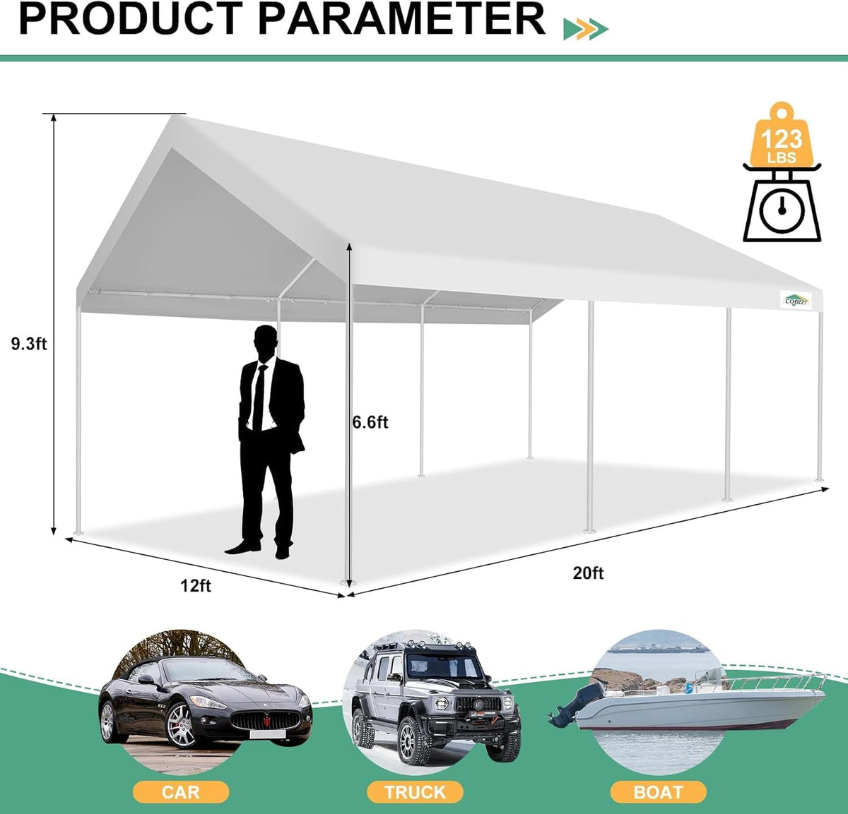 COBIZI 12x20ft Carport Heavy Duty, Portable Car Garage Outdoor Party Tent with Built-in Sandbags, Waterproof Car Canopy for Truck, Boat, SUV with All-Season Tarp, White
