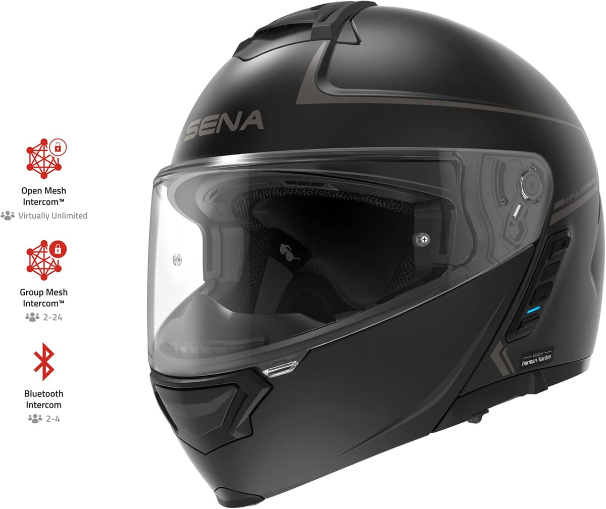 Sena Impulse DOT Flip Up Modular Bluetooth Helmet w/Sound by Harman Kardon Dual Visor Helmet with Integrated Mesh Intercom System / MP3 / Voice Dial (Matte Black, Medium)