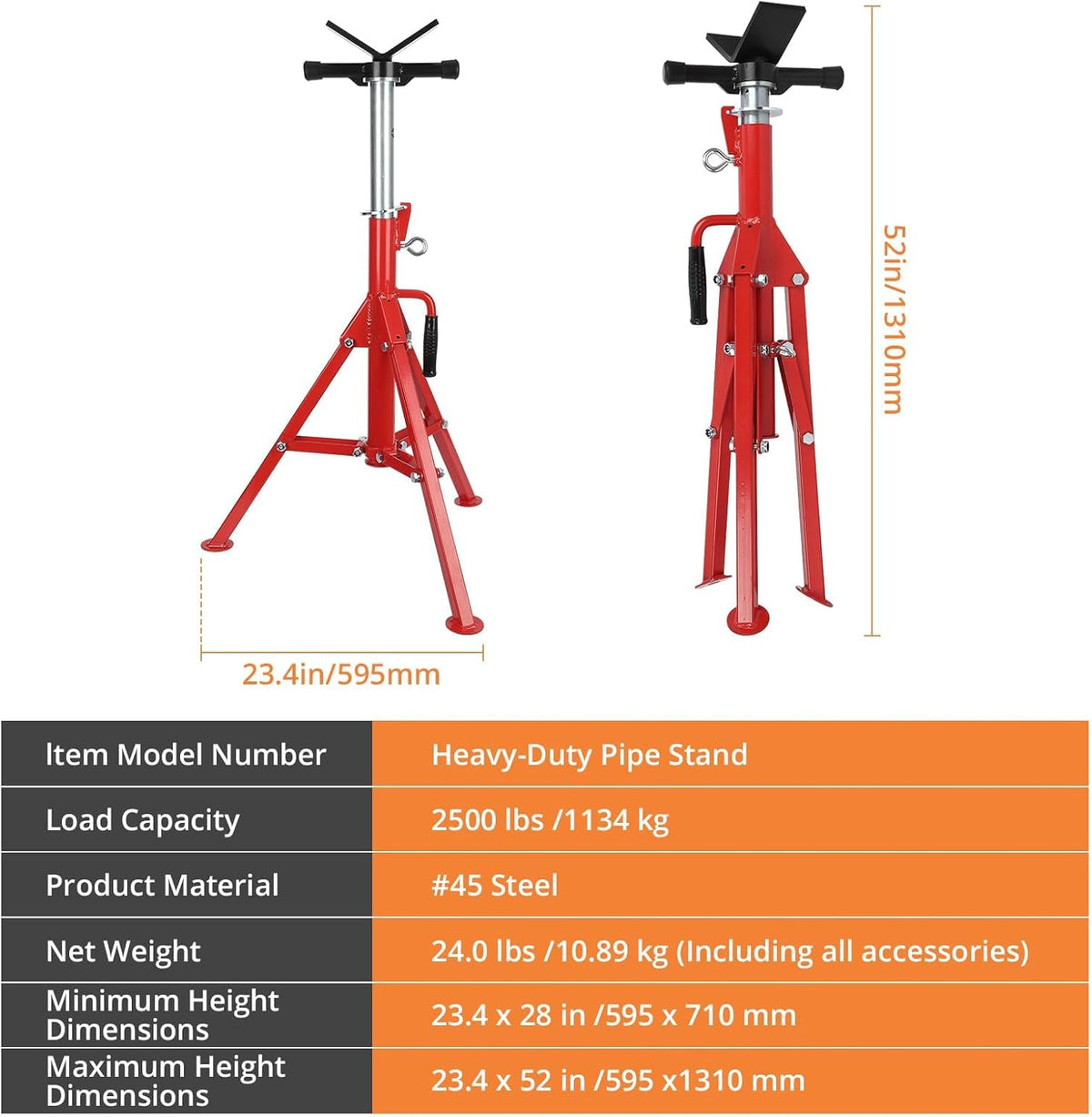V-Head Pipe Jack Stand, 2500 Lbs Heavy-Duty Folding Pipe Stand with Adjustable Height 28"-52", Sturdy Steel V-Head Support for Welding, Automotive & Construction Projects, Red