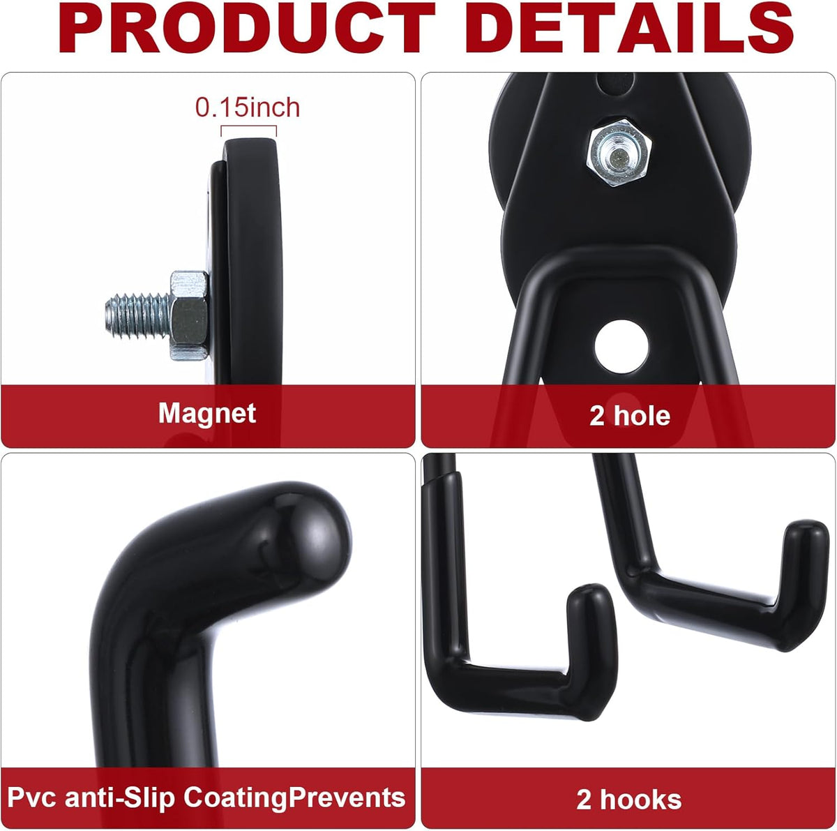 Landhoow Large Magnetic Hooks Heavy Duty Garage Magnet Hooks Strong Storage Utility Magnetic Hangers with Anti Slip Rubber Coating for Indoor and Outdoor Hanging(Black,4 Pcs)