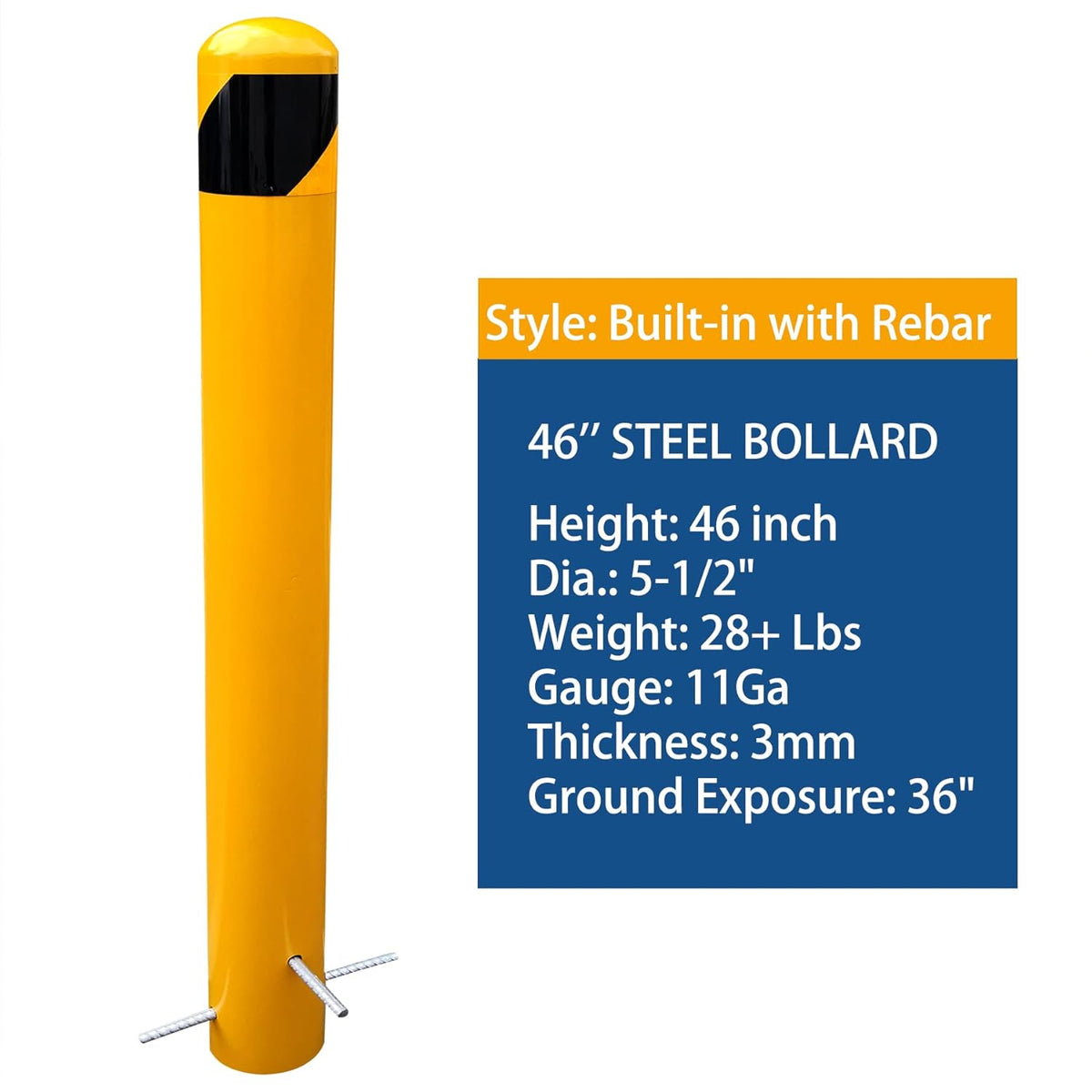 46 inch High Pour in Place Steel Bollard Post, 5-1/2" OD Safety Bollard Yellow Powder Coat, Metal Bollard Parking Barrier