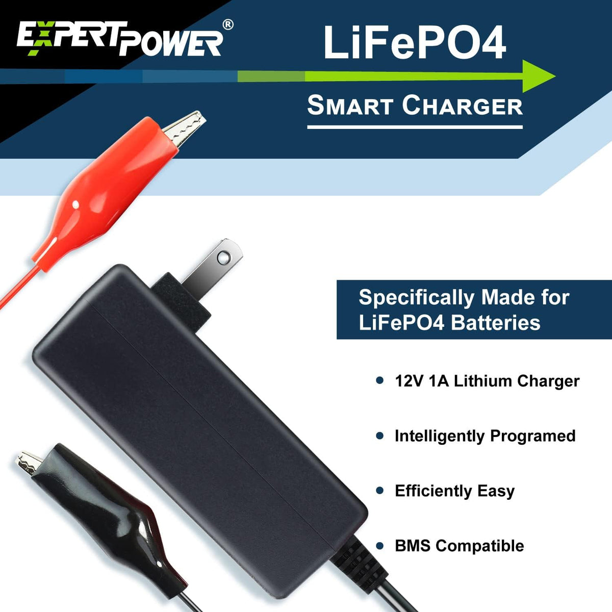 ExpertPower 12V 1A Smart Charger for Lithium LiFePO4 Deep Cycle Rechargeable Batteries | DC 5521 Male & Alligator Clips | Kids Ride on Toy Car | Best Choice, Wrangler SUV, Dynacraft