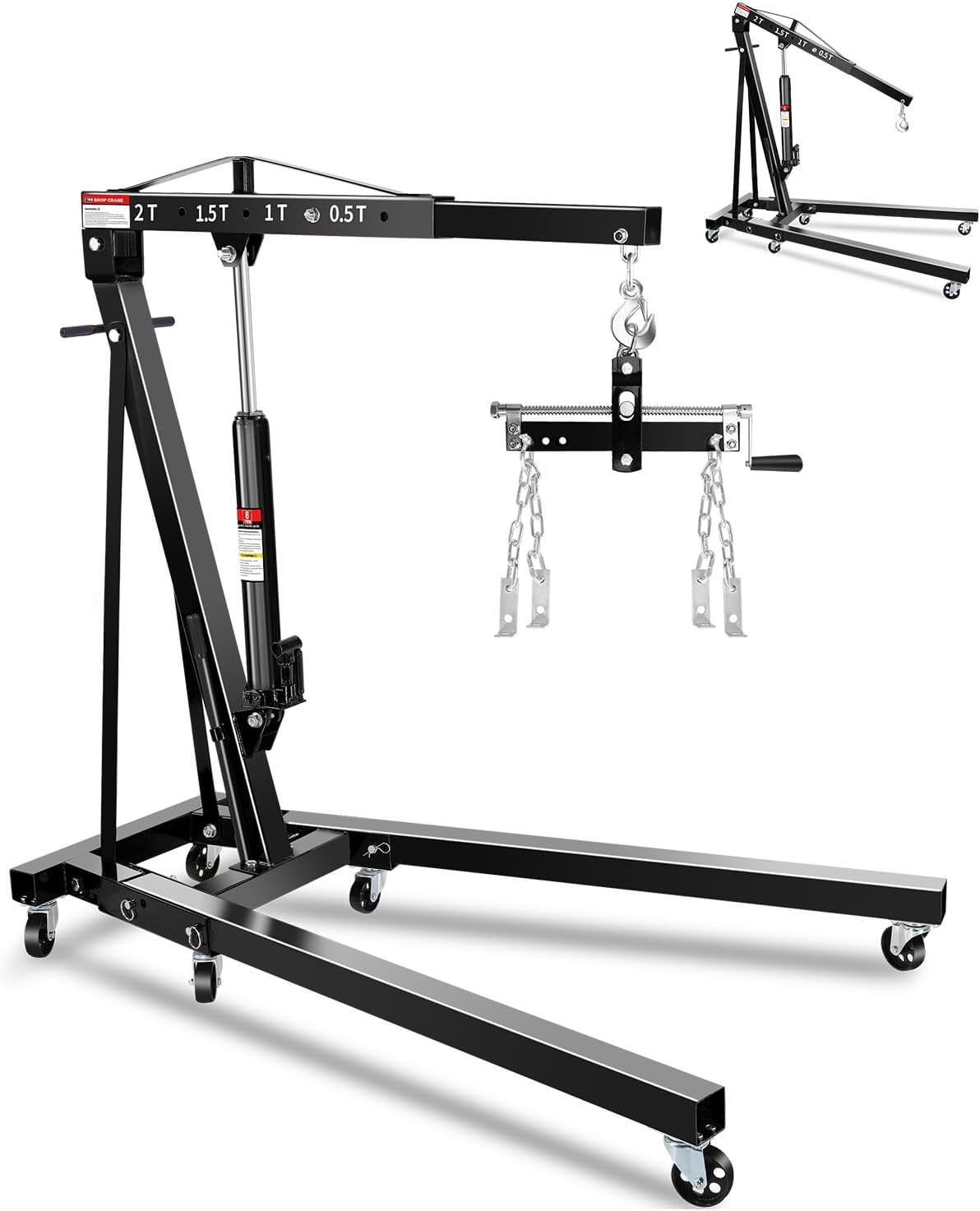 2-Ton Folding Engine Hoist with Lever, Hydraulic Shop Crane with 6 Swivel Wheels & Adjustable Boom (0.5T-2T), Heavy-Duty Cherry Picker for Garage, Workshop, Truck, Farm (Net Wt. 168 lbs)