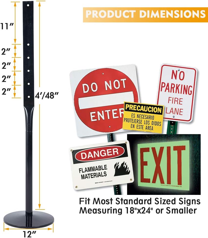 Heavy Duty Cast Iron Sign Post and Base Kit - 12" DIA Stand with 48" Post and Bolts & Nuts for Hanging Signs, Portable Sign Holder for Parking and Recreational Use