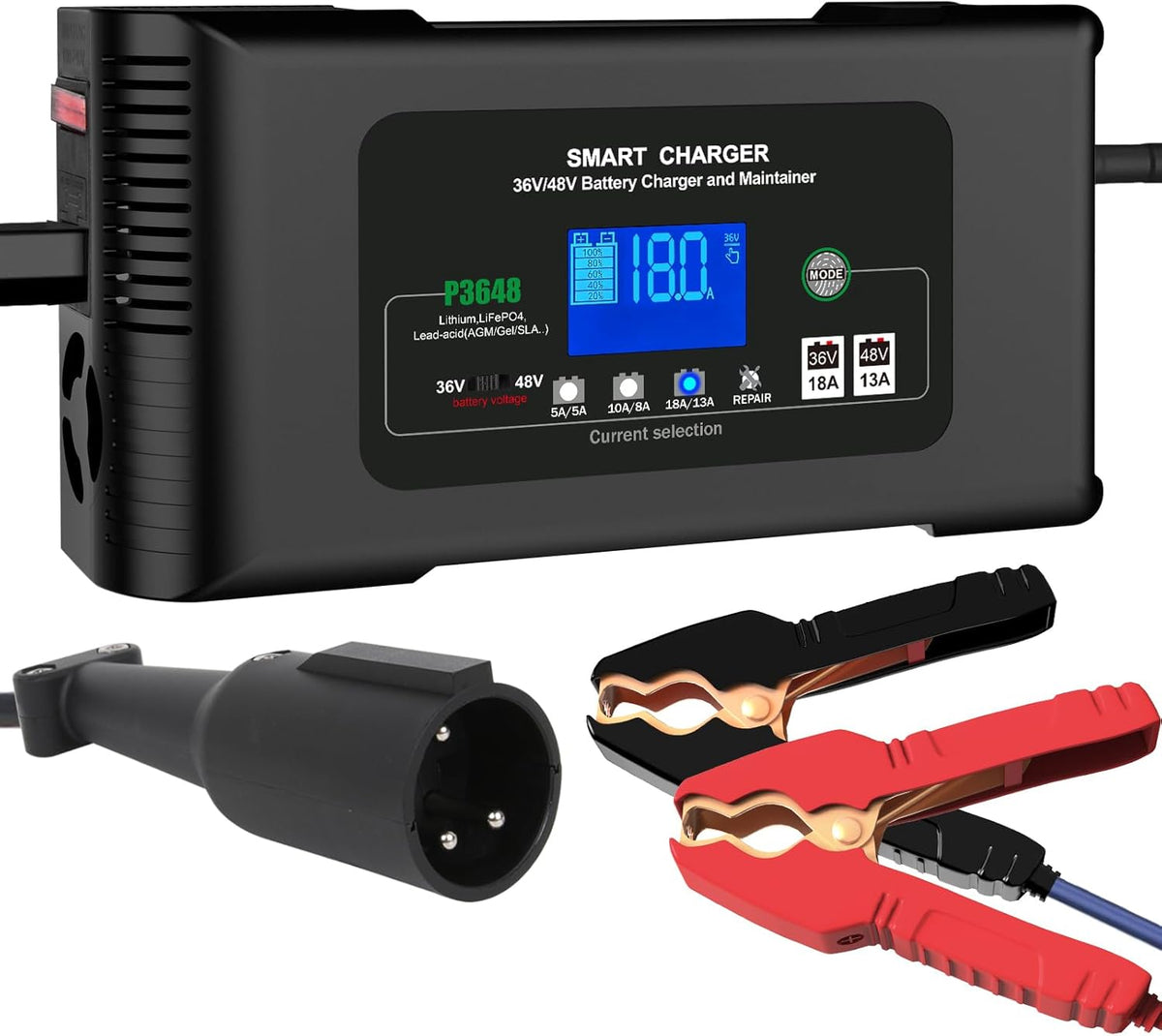 Golf cart Battery Charger, 48V 13A and 36V 18A Trickle Charger,48 Volt cart Golf Charger,for 48 Volt Club Golf Car,Lithium,LiFePO4,Lead-Acid AGM/Gel/SLA..Battery Chargers,3 Pin Round Plug