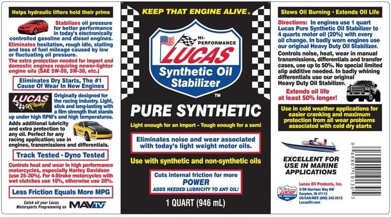 Lucas Oil 10130 Pure Synthetic Oil Stabilizer - 1 Quart (Pack of 12)