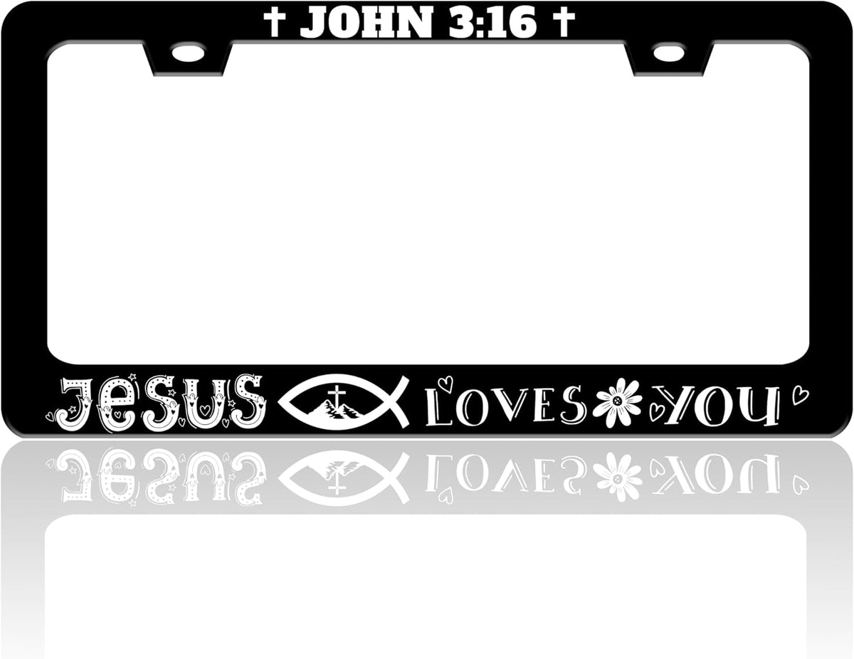 John 3:16 License Plate Frame Jesus Loves You License Plate Holder Christian Cross for Front or Rear Car Tags Stainless Steel Funny Car Decoration with Screws 6.3 X 12.2 in