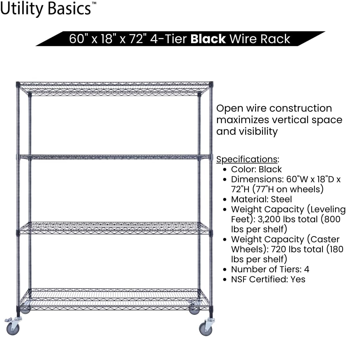 60"x18"x72" Black Premium Metal Steel Wire Shelving 4-Tier NSF 3200 LBS MAX Capacity Heavy Duty Storage Rack for Garages, Commercial Spaces, Hospitals, & Schools w/Premium Wheels