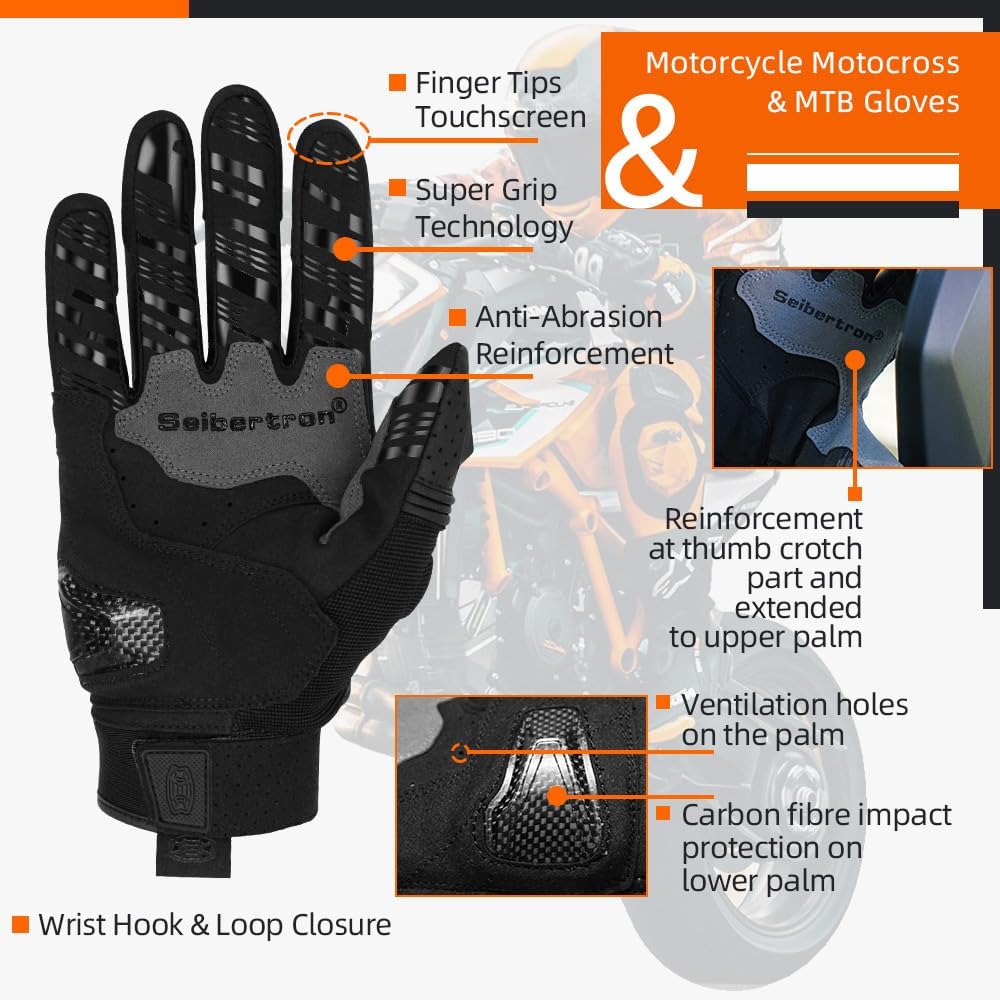 Seibertron SPS Series Touchscreen Motorcycle Motocross BMX ATV MTB Bicycle Cycling Full or Half Finger Gloves Adult and Youth