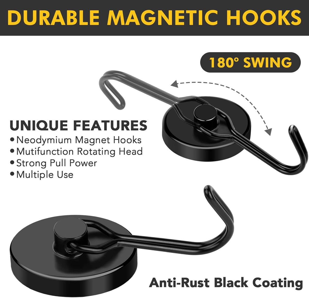 MIKEDE Black Magnetic Hooks Heavy Duty, 110LB Swivel Swing Strong Magnetic Hooks Cruise,Neodymium Hook Magnets for Hanging, Home, Workplace, Metal Door, Office and Garage - Pack of 4