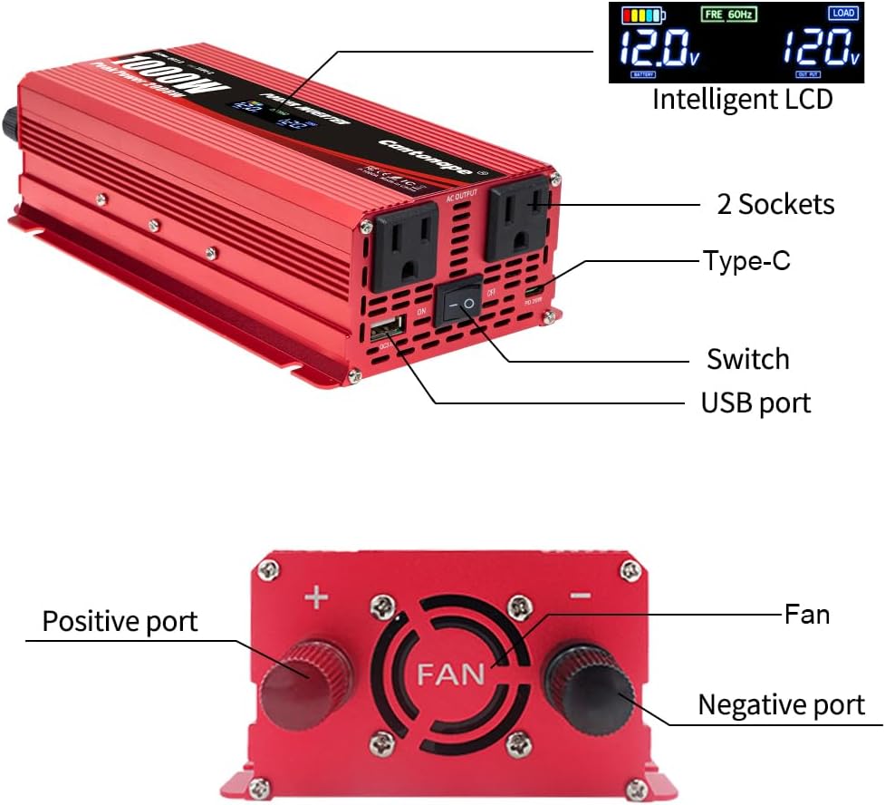 1000W Car Power Inverter DC 12V to 110V/120V AC Converter with LCD Display 2 AC Outlets 3.0A USB and Type-C Car Charger Adapter for Car Home Laptop Truck