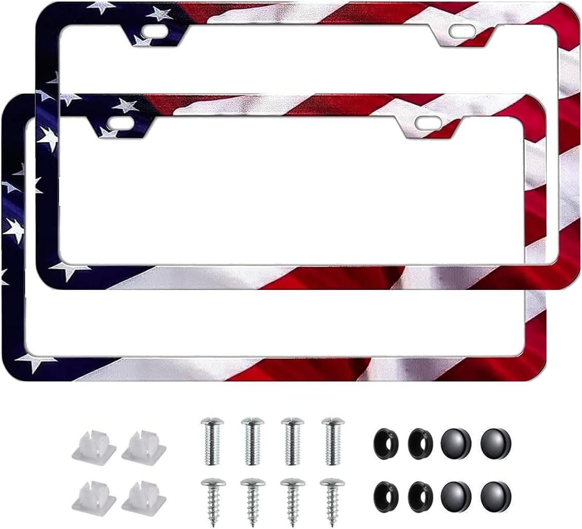 2Pack US Flag License Plate Frames- Heavy Duty Rustproof Flag License Plate Tag Holder Bracket Fits All US States with Screws Included