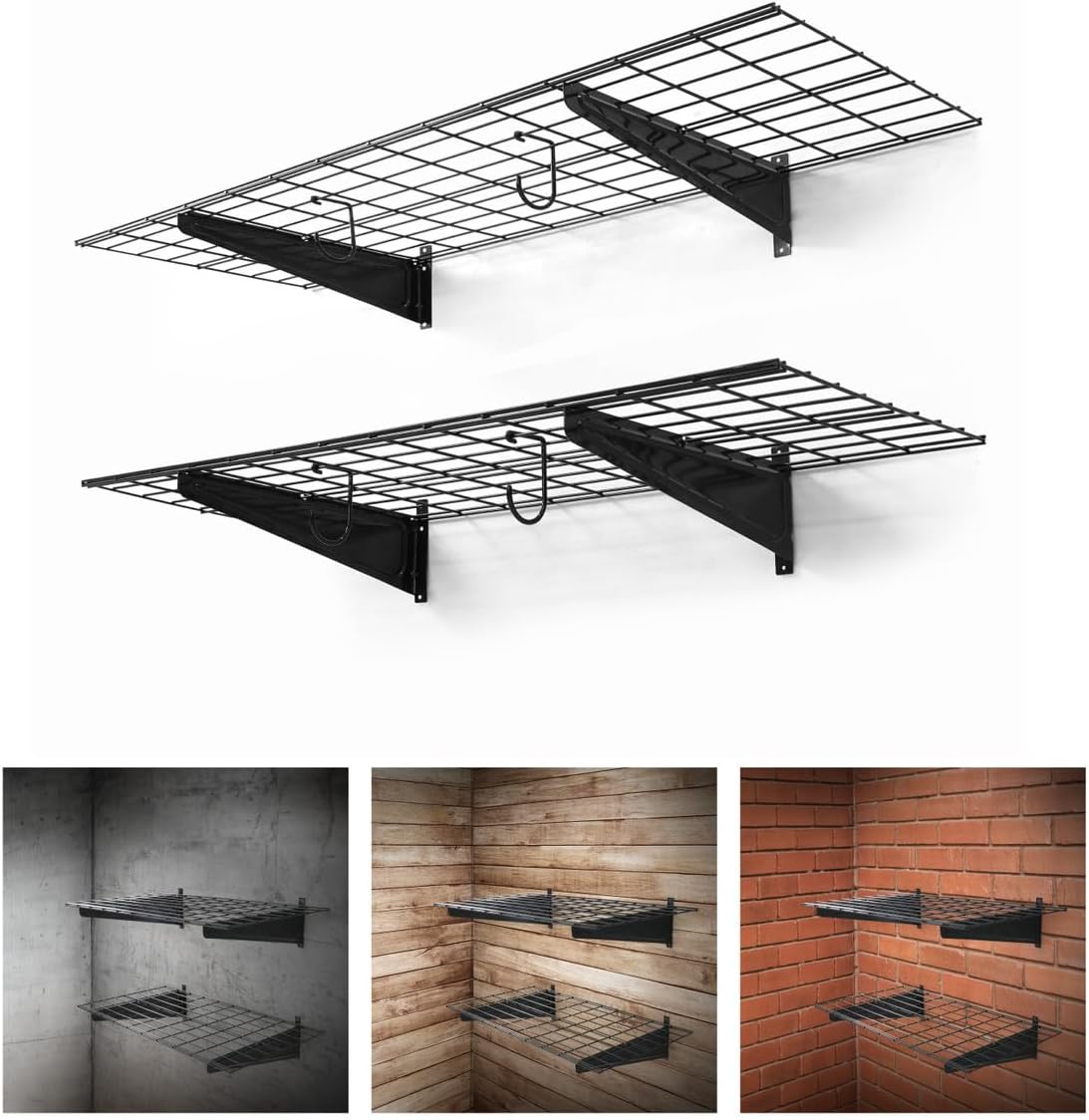 Fencer Wire 48 in. W x 18 in. D Wall Mounted Garage Wall Shelving w/ 2 Hooks, Black Wall Shelf, Heavy Duty Garage Wall Storage System, Garage Organizer Floating Shelves, 500lb Weight Capacity