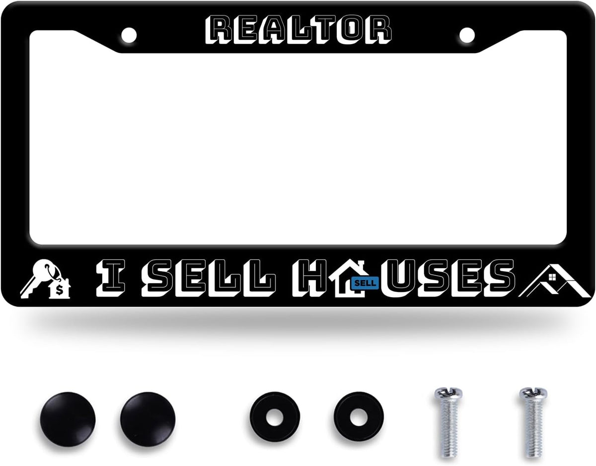 Realtor I Sell Houses License Plate Frame Funny License Plate Stainless Steel Black License Plate Holder Men Women Personalized Car Accessory Decoration 12.3" x 6.3"