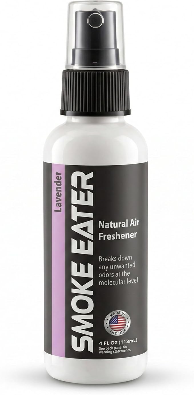 Smoke Eater Cigarette, Cigar & Tobacco Odor Eliminator Spray & Air Freshener for Car, Home, Clothes — Lavender, 4 oz Travel Size — Tea Tree Oil Formula, Non-Aerosol Pump Spray
