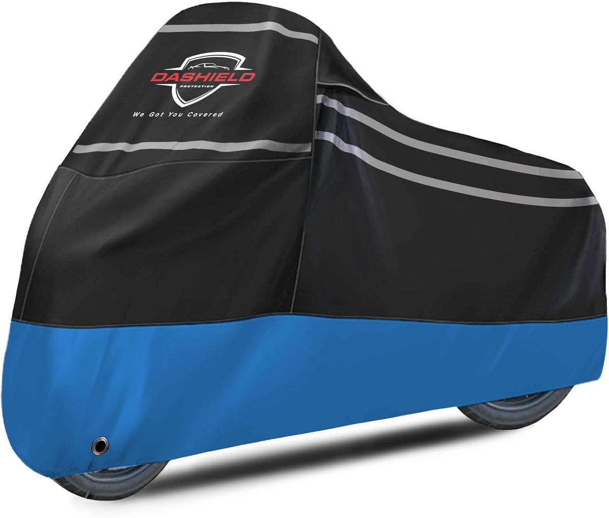 Ultimum Series Motorcycle Cover Waterproof All Weather Protection Universal Heavy Duty Night Reflector with Lock-Holes Compatible with Suzuki Harley Davidson Kawasaki Yamaha Honda Blue XL