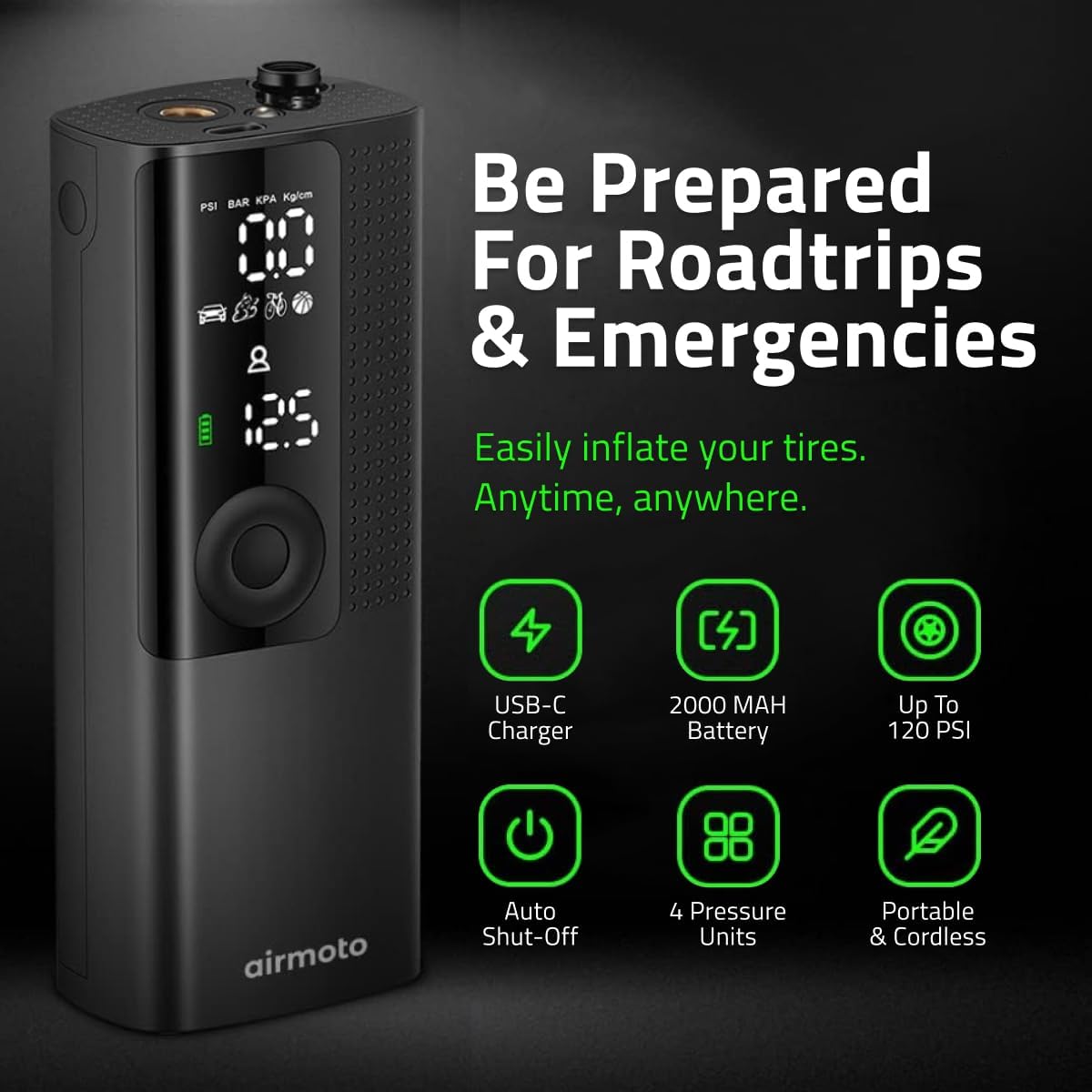 Airmoto Tire Inflator Portable Air Compressor - Air Pump For Car Tires with Digital Pressure Gauge, LED Light and Auto Shut-Off Function - Cordless Pump for Car, Motorcycle, Bicycle, Balls and More