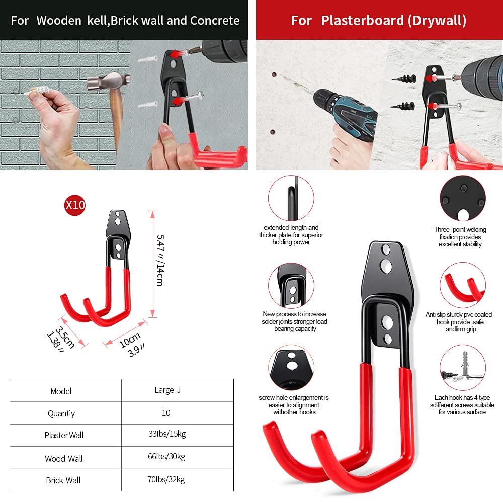3-H Heavy Duty Garage Hooks [10 Pack] - 3-Round Welding Tech Holds 22lbs More - Thickened Steel Wall Mount for Ladders, Tools & Storage - Rustproof Utility Hardware
