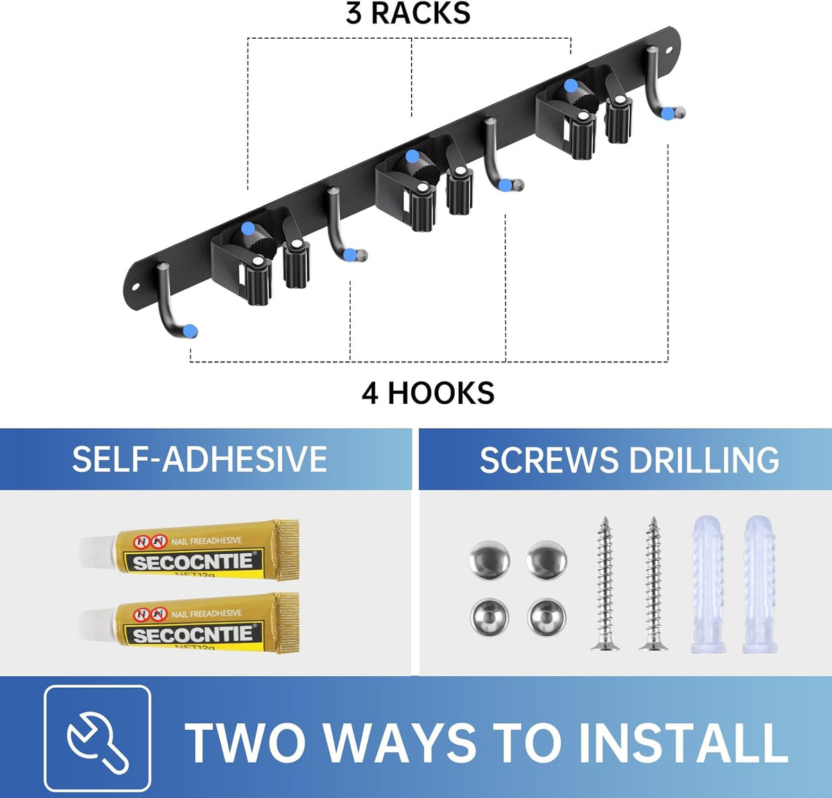 ZONGOOL Mop and Broom Holder Wall Mount, Broom Organizer Mop and Broom Storage Tool Racks Stainless Steel Wall Hanger for Home Kitchen Garden Laundry Garage (3 Racks with 4 Hooks, Black)