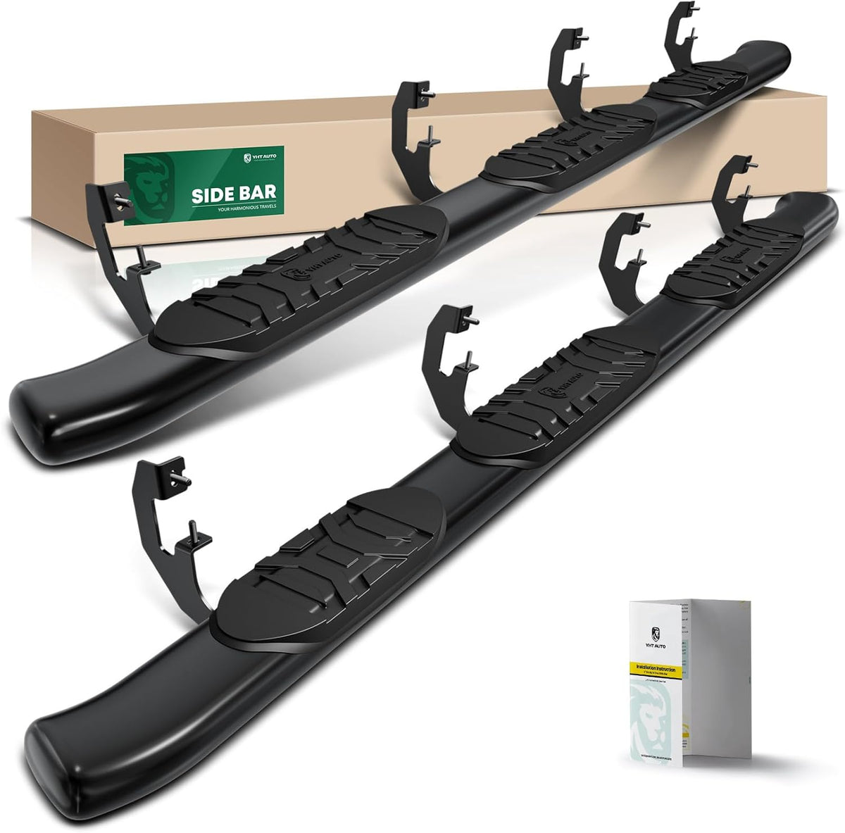 YHTAUTO 5" Running Boards Side Steps Fit Chevy Silverado & GMC Sierra 1500/2500 HD/3500 HD 2019-2024, Crew Cab, 6.5' Standard Bed, Oval Bent Ends Carbon Steel Black Powder, Truck Cab Side Step Rails