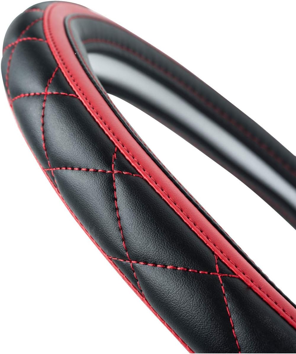 CAR PASS Sporty Quilting Leather Universal Fit Steering Wheel Cover,Fit for Suvs,Vans,Sedans,Trucks for 14.7" to 15" (Black & Red)