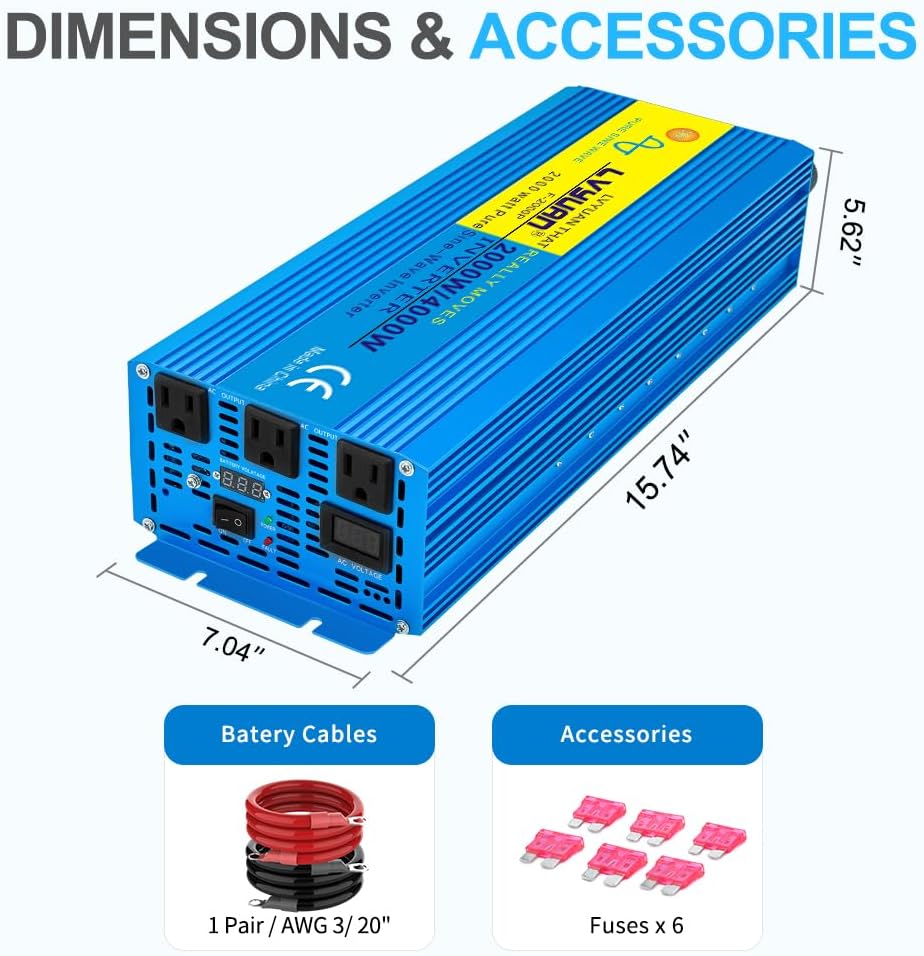 LVYUAN 2000 Watt Pure Sine Wave Inverter 24V to 110V 120V DC to AC with 3 AC Sockets, LED Display, Car Power Inverter for Vehicles Home RV Camping Truck Solar System