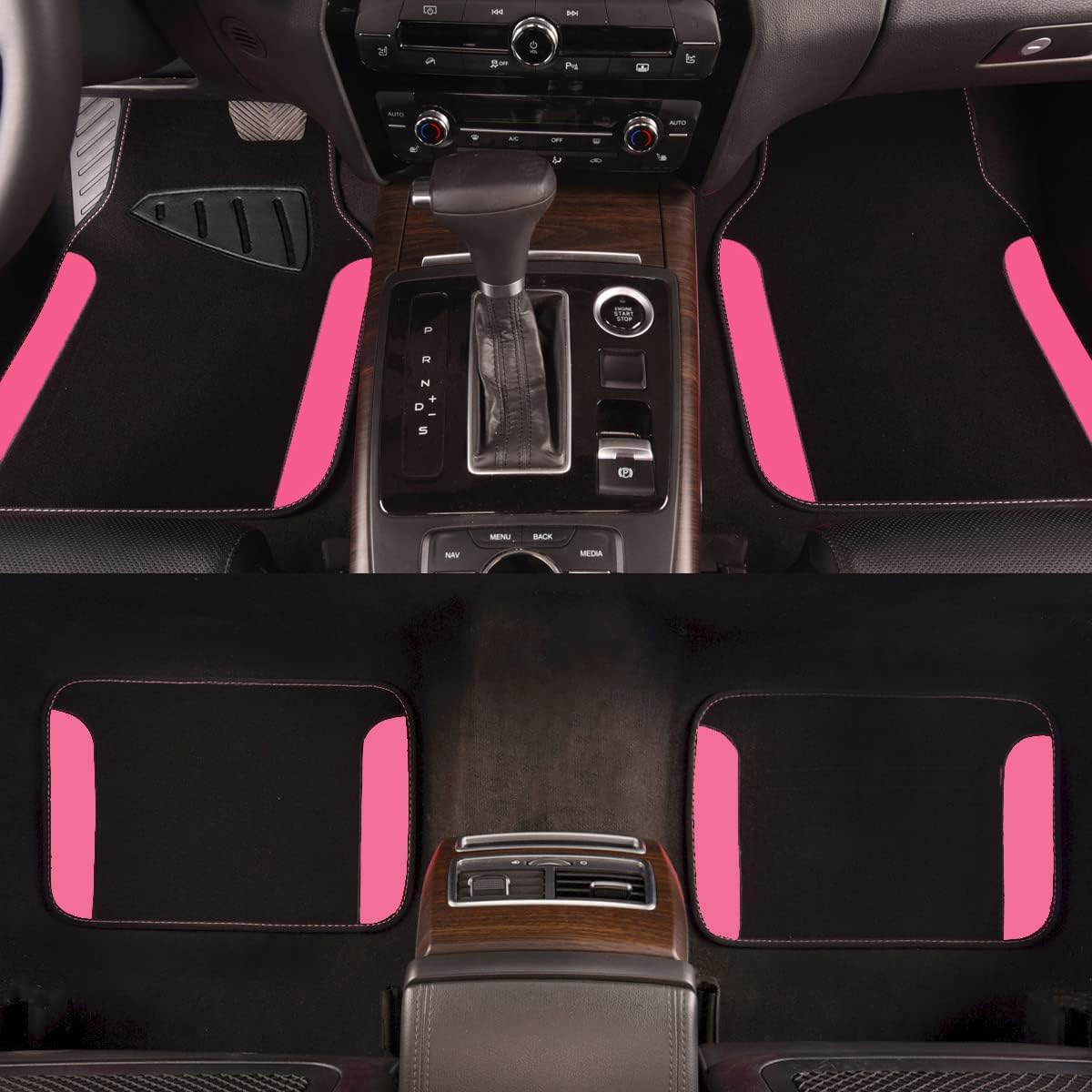 CAR PASS Rainbow Waterproof Universal Fit Faux Leather Car Carpet- Anti-Slip Nibbed Backing Floor Mats for SUV, Vans,Sedans,Trucks, Automotive Set of 4 for Women&Cute Girly (Black with Pink)
