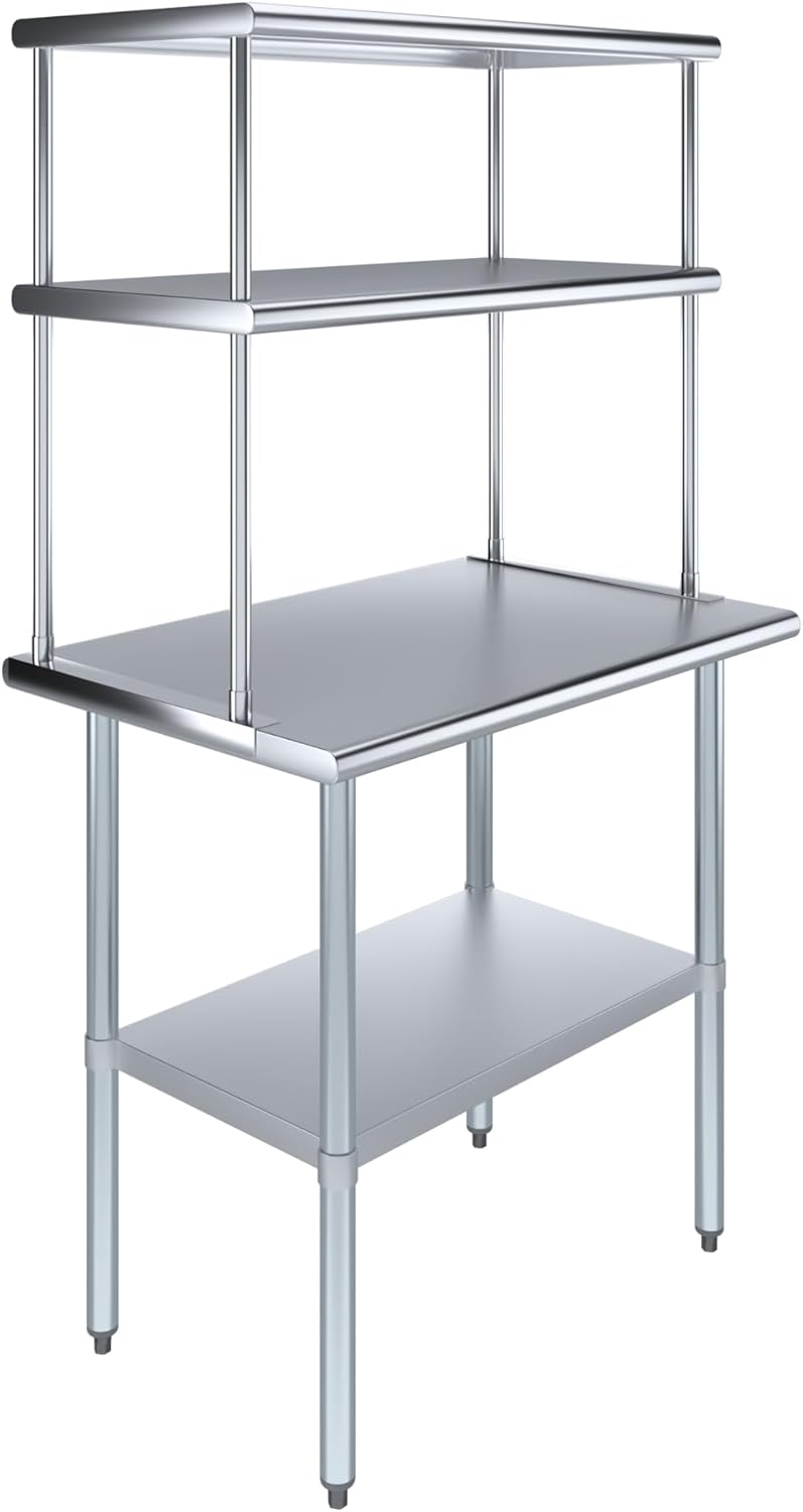 Amgood Stainless Steel Work Table Double Tier Overshelf | Metal Kitchen Prep Table & Shelving Combo (24" x 36" Work Table + 18" Overshelf)