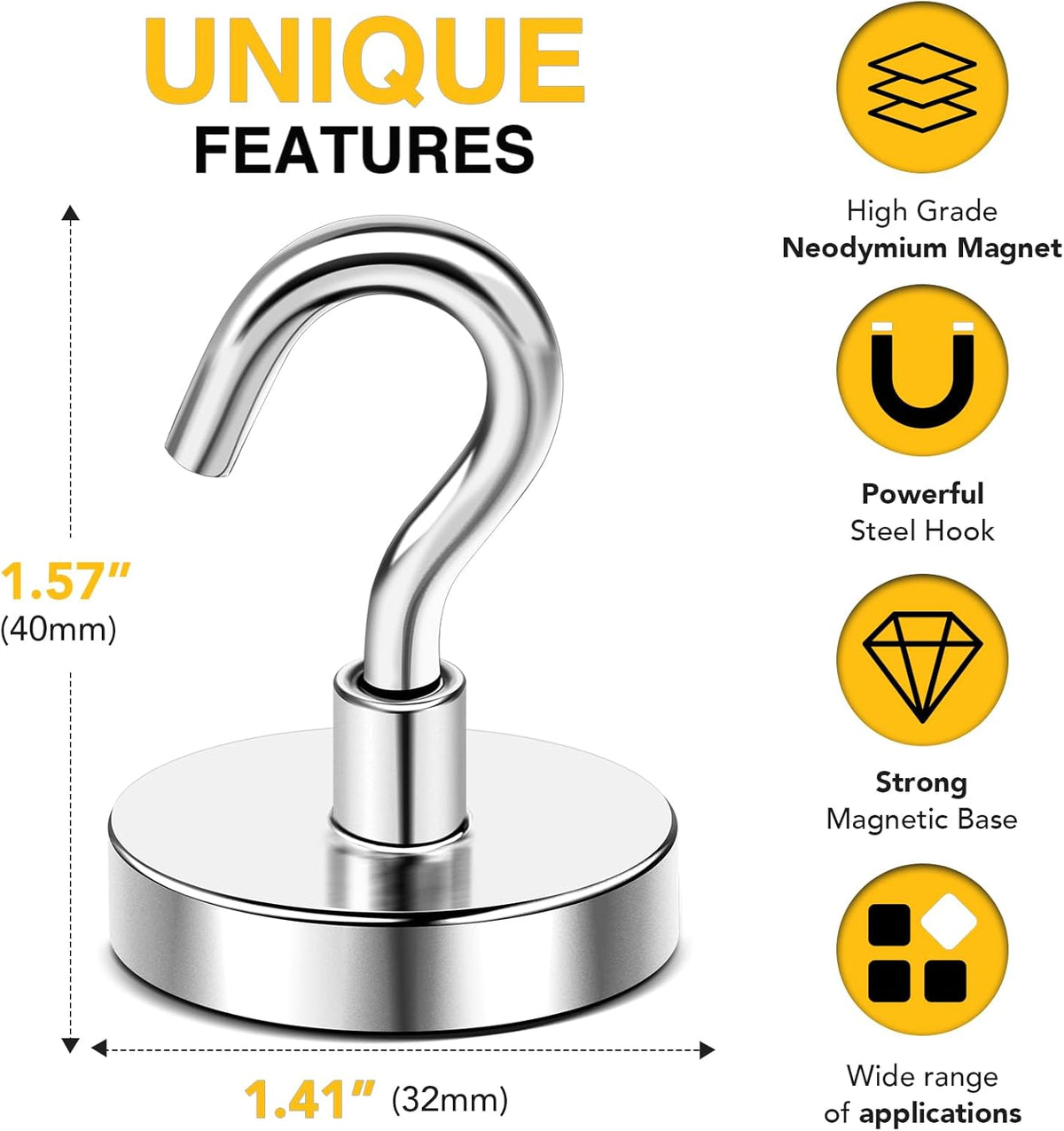 DIYMAG Magnetic Hooks, 150 LB Heavy Duty Strong Magnet with Hook, Rare Earth Neodymium Magnets for Hanging, Magnetics Hanger for Curtain, Home, Kitchen, Workplace, 10 Packs