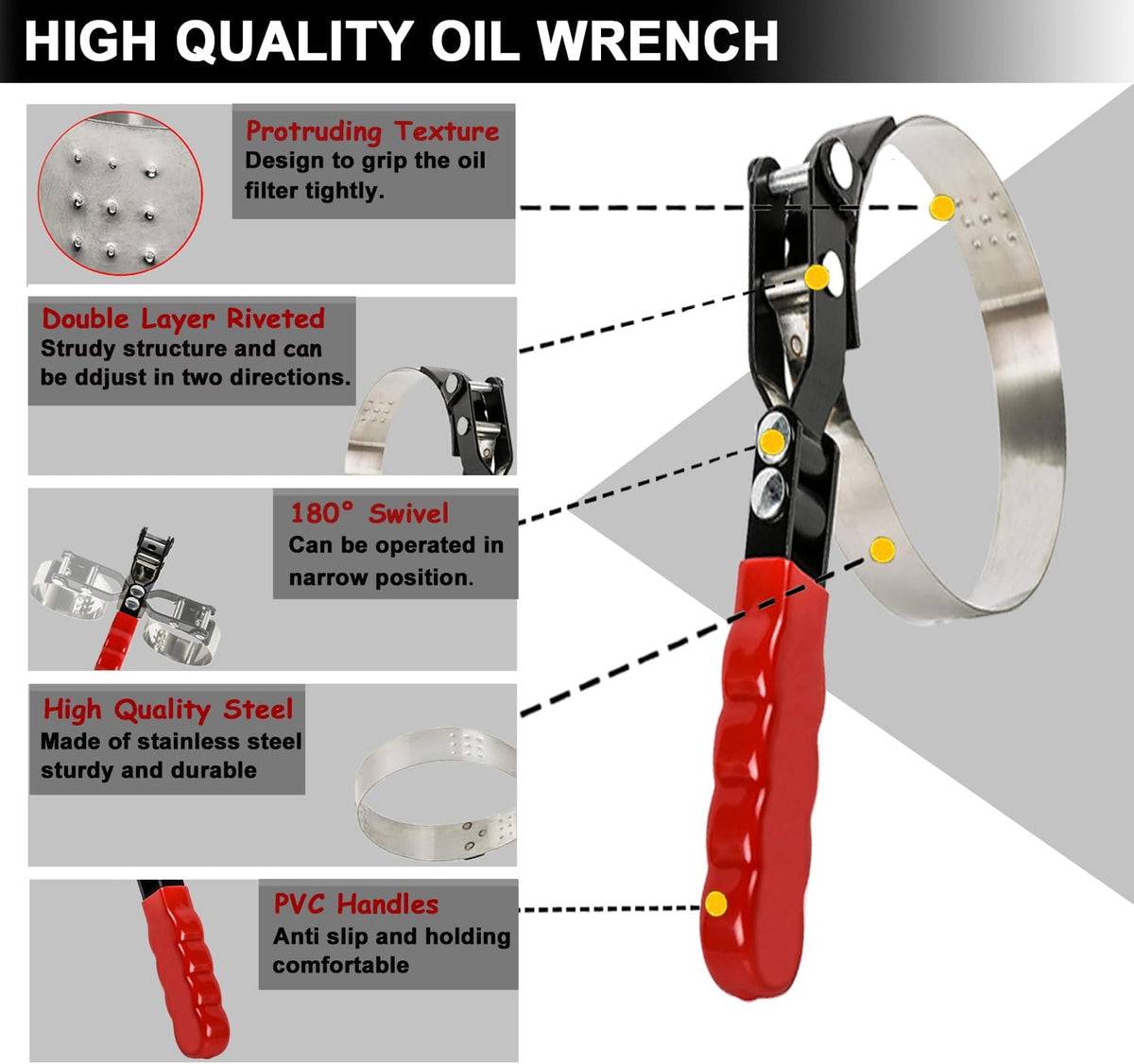 Standard Oil Filter Wrench, Oil Filter Wrench Tool Fits Filter from 3-1/4" to 3-6/7" for Cars, Motorcycles and SUV