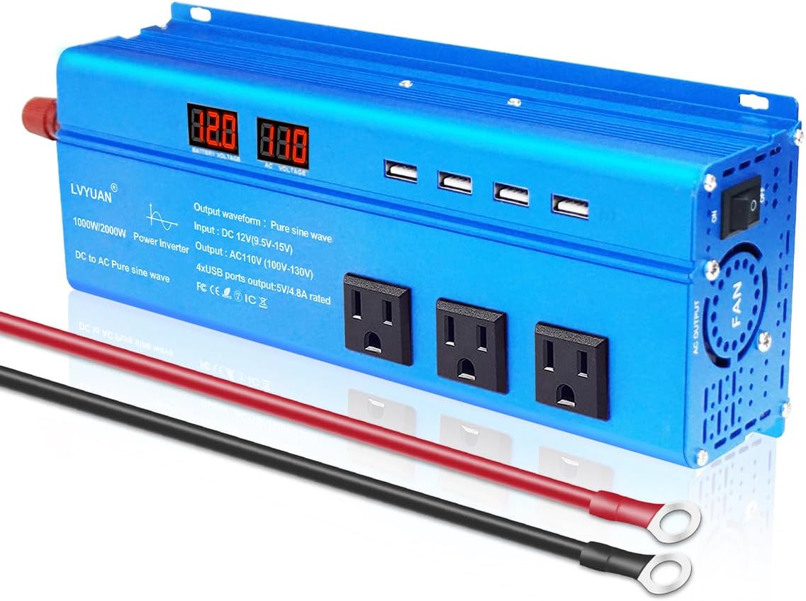 LVYUAN 1000 Watt Pure Sine Wave Inverter 12V to 110V 120V DC to AC with LED Display, 3 U.S. Outlet, USB Charger Ports, Car Power Inverter for Vehicles, RV, Outdoor, Home