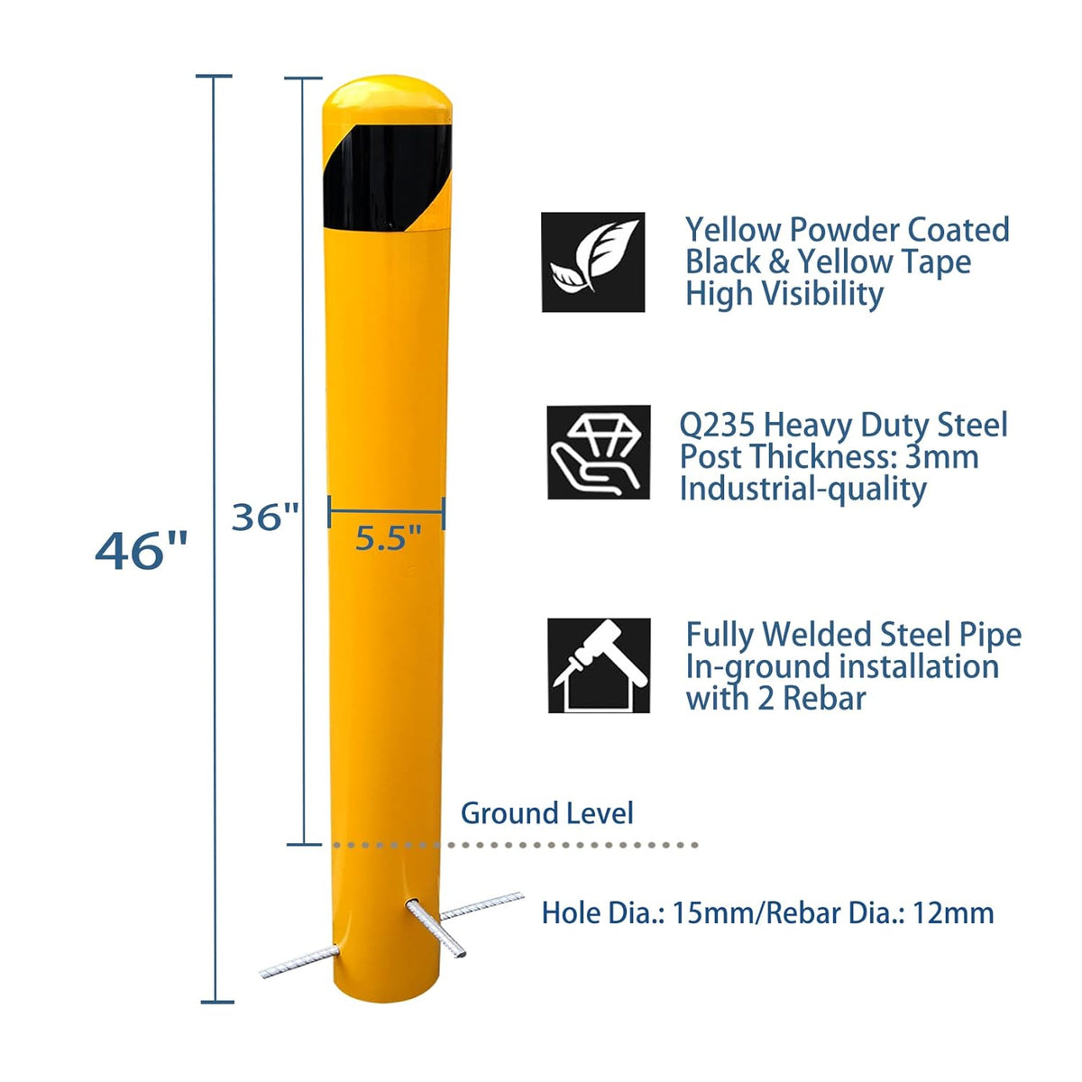 46 inch High Pour in Place Steel Bollard Post, 5-1/2" OD Safety Bollard Yellow Powder Coat, Metal Bollard Parking Barrier