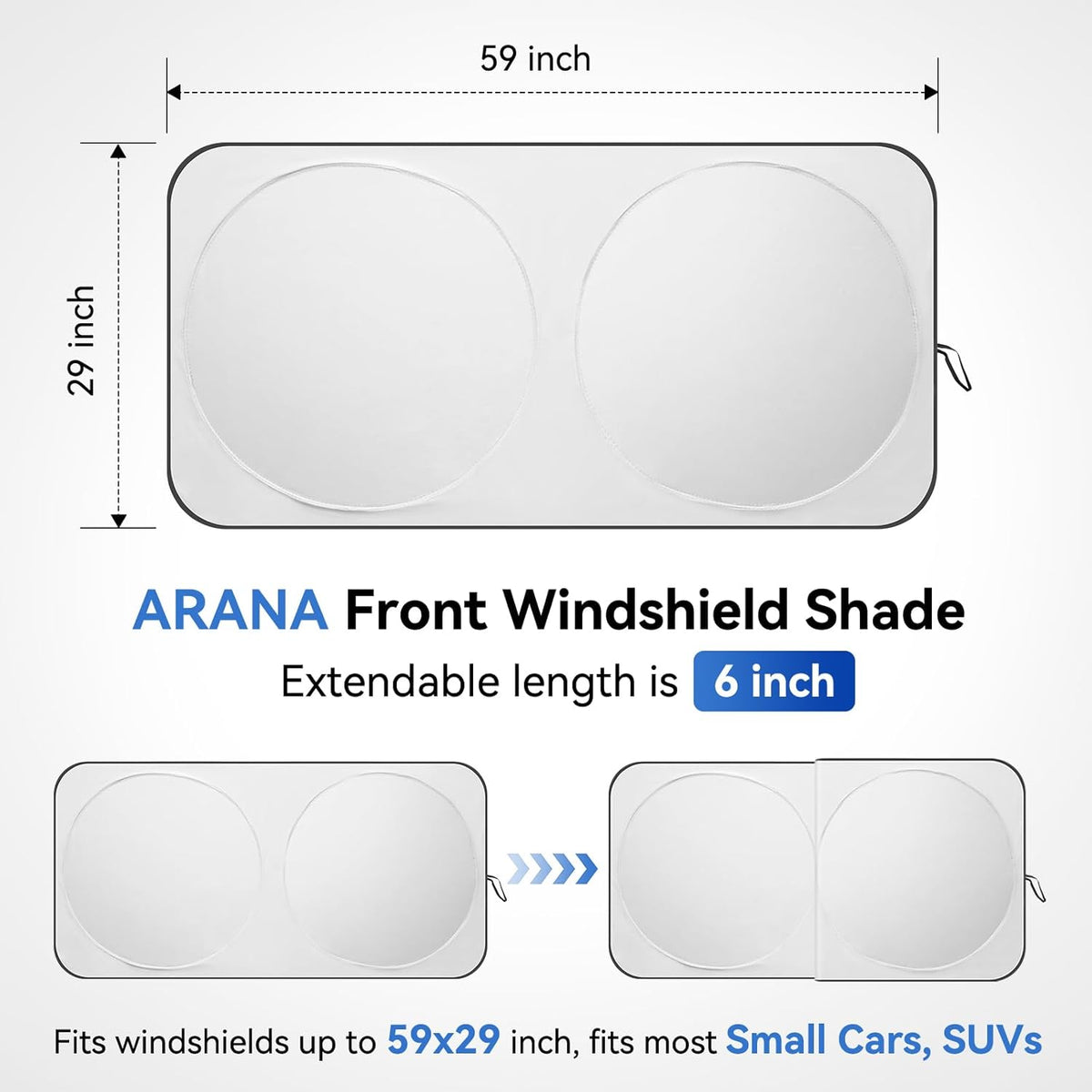 ARANA Car Windshield Sun Shade with UV Reflective, 240T Polyster Front Window Sunshade Keeps Car Interior Cool, Foldable & Retractable Sun Visor Universal Fit for Small Sedan, Mini SUV, Small 59"x29"
